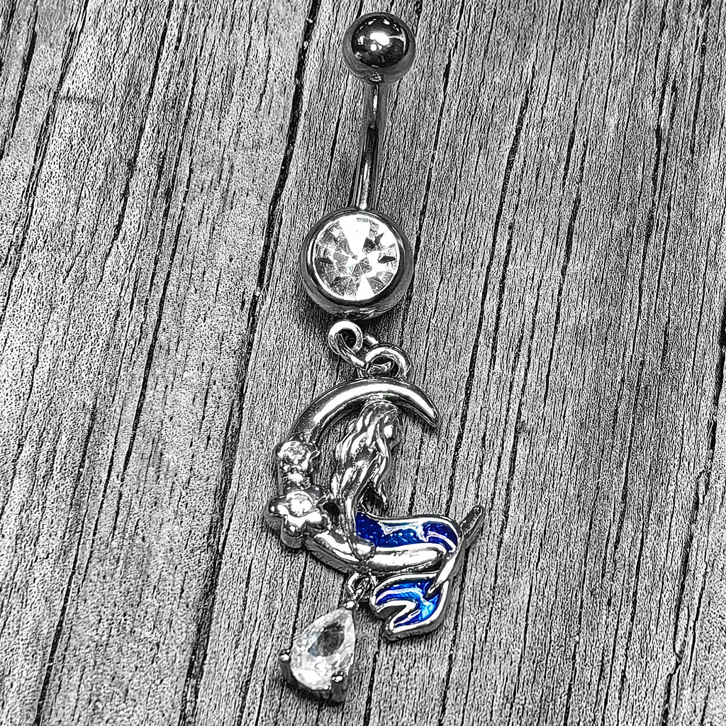 BodyCandy Clear Gem Floral Mermaid Moon Dangle Belly Ring — side view