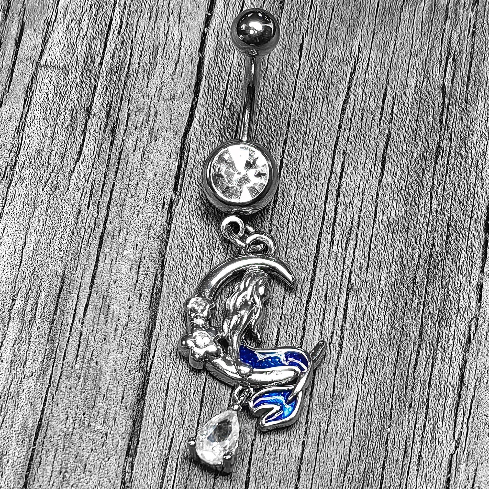 BodyCandy Clear Gem Floral Mermaid Moon Dangle Belly Ring — side view