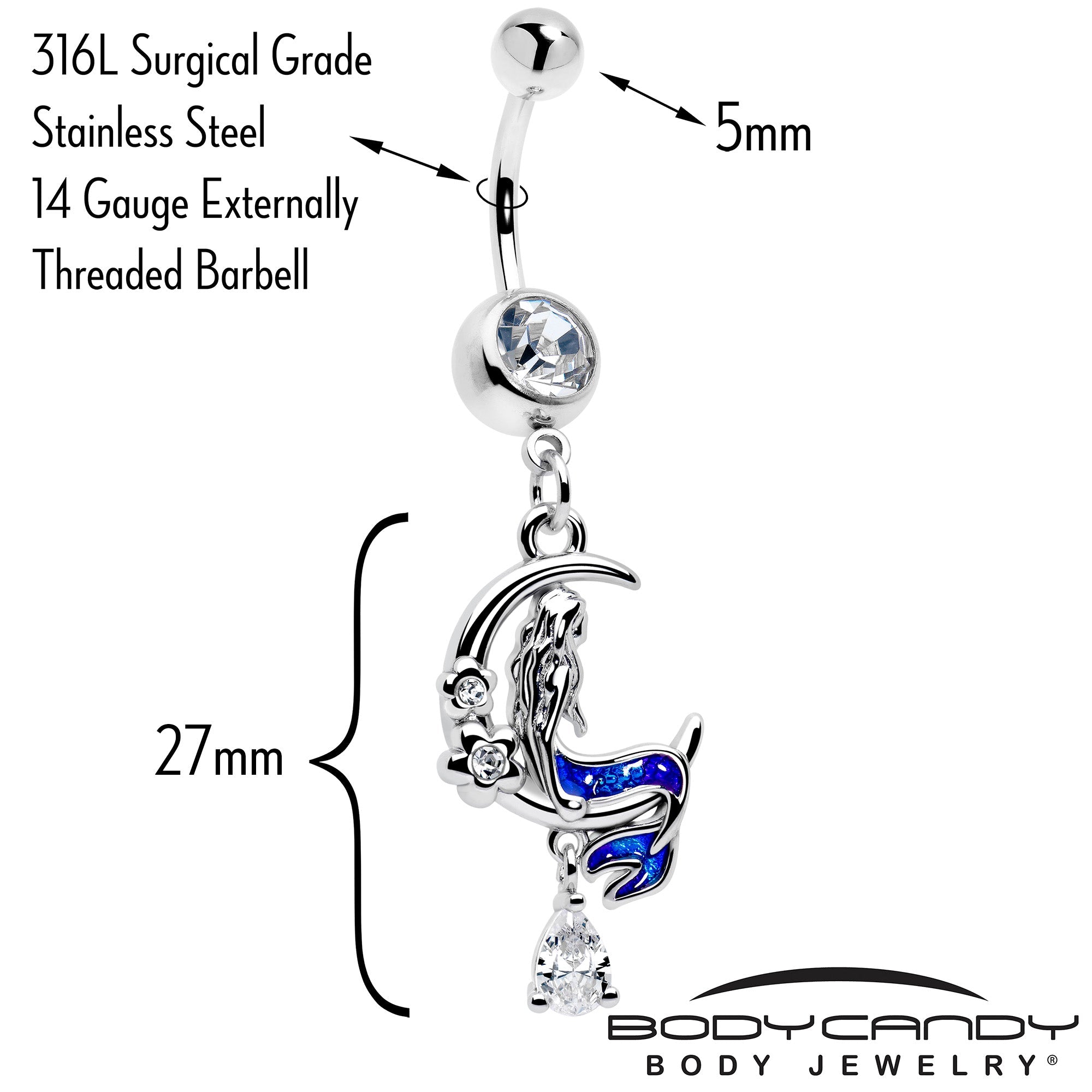 BodyCandy Clear Gem Floral Mermaid Moon Dangle Belly Ring — detail close-up
