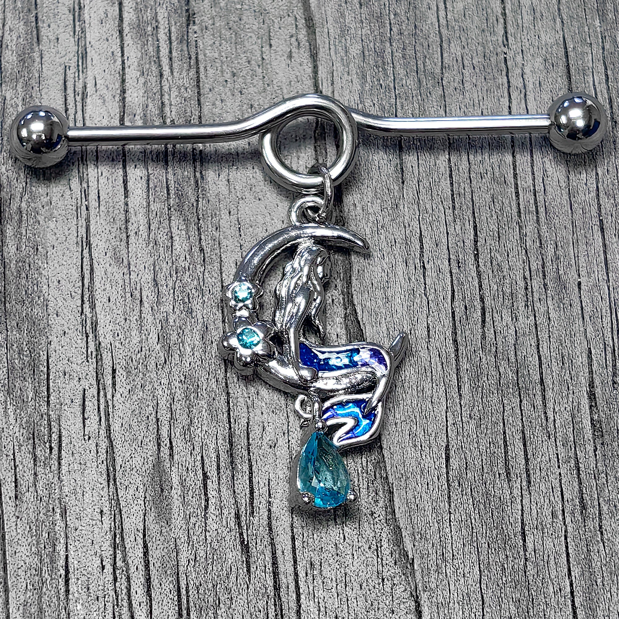 BodyCandy 14G Blue Gem Floral Mermaid Moon Dangle Project Bar 38mm — main product shot