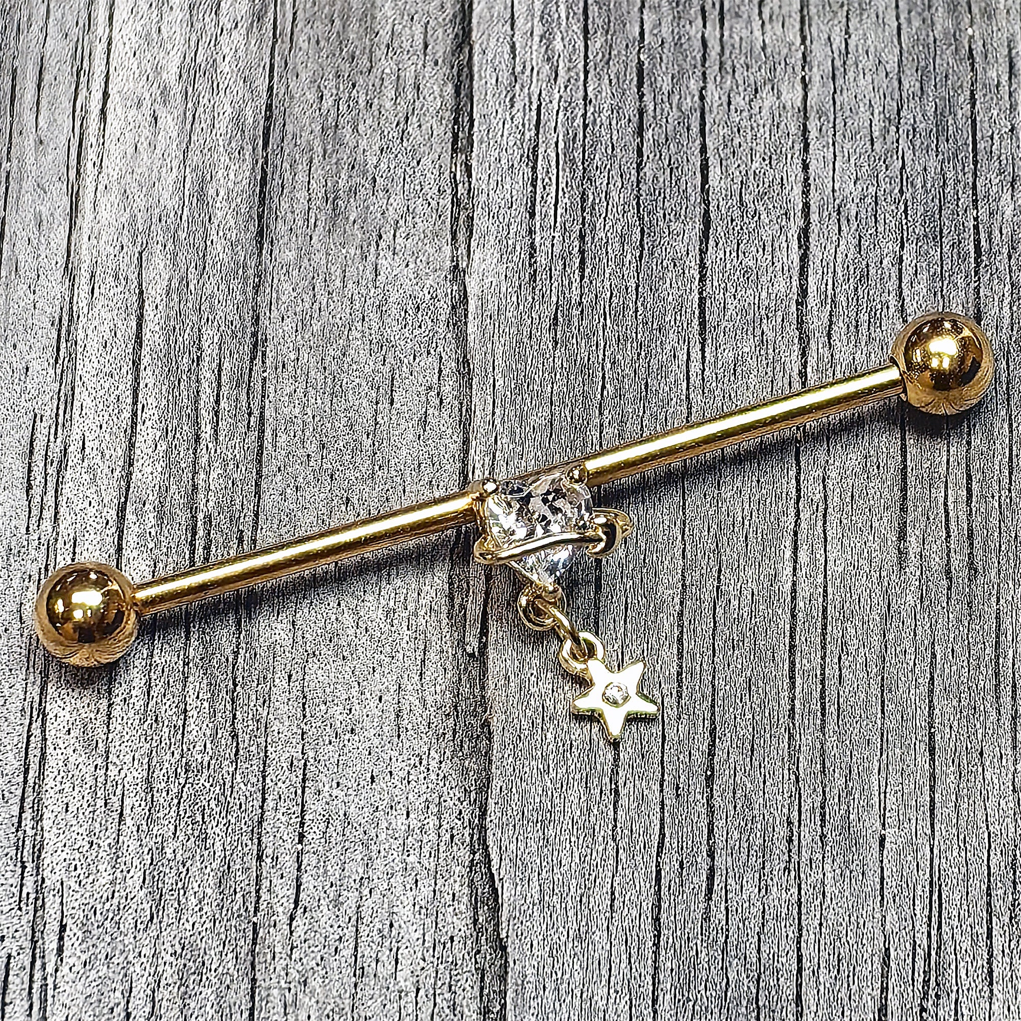 BodyCandy 14G Clear Gem Gold Tone Starry Saturn Dangle Industrial Barbell 38mm — main product shot