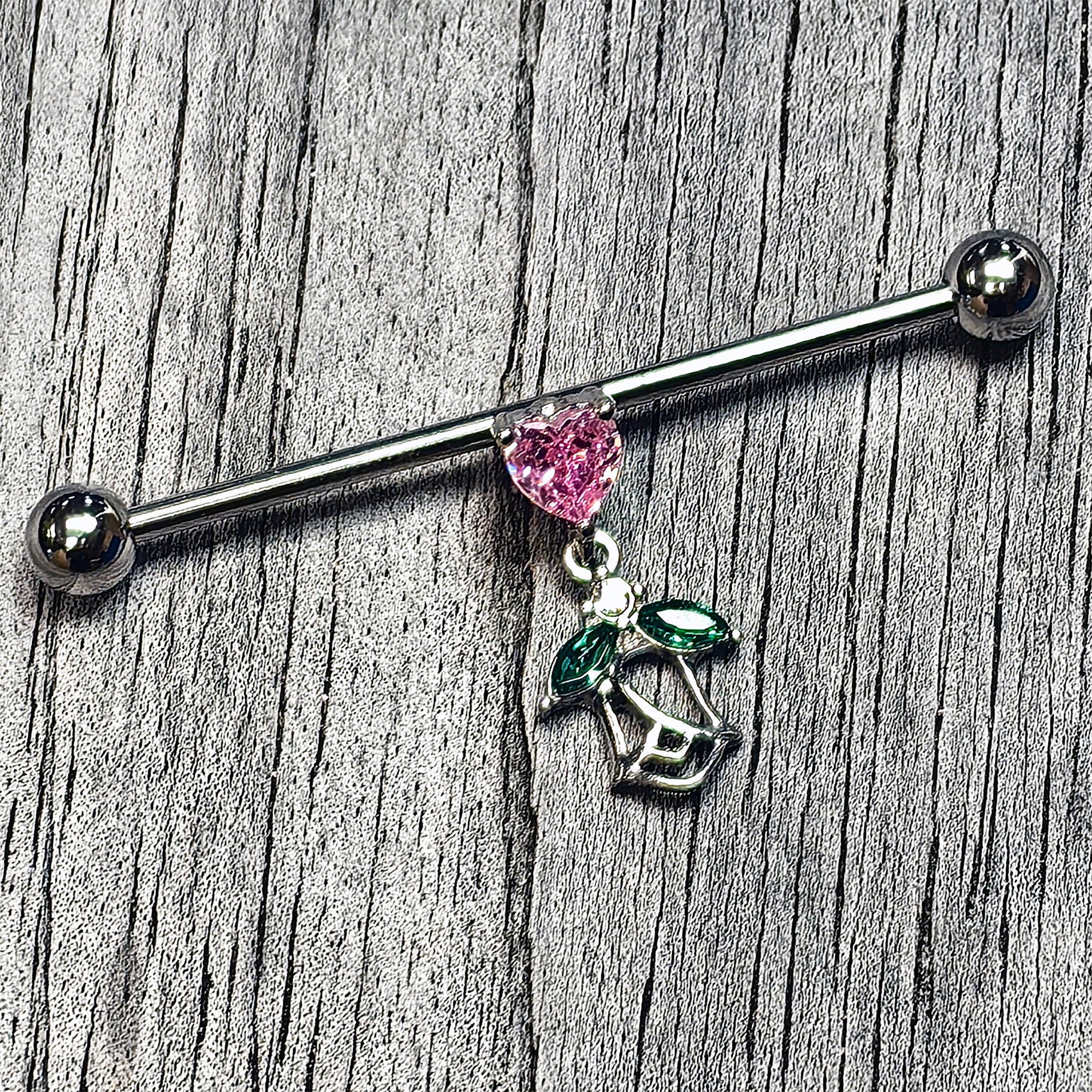 BodyCandy 14G Pink Gem Heart And Rose Dangle Industrial Barbell 38mm — main product shot