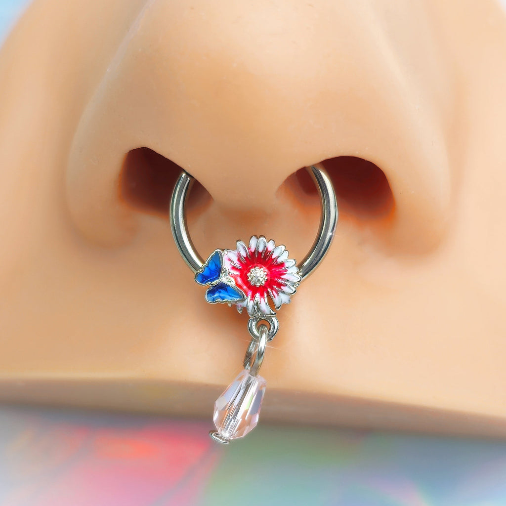 BodyCandy 16G 3/8 Clear Gem Passion Flower Butterfly Hinged Segment Ring — detail close-up