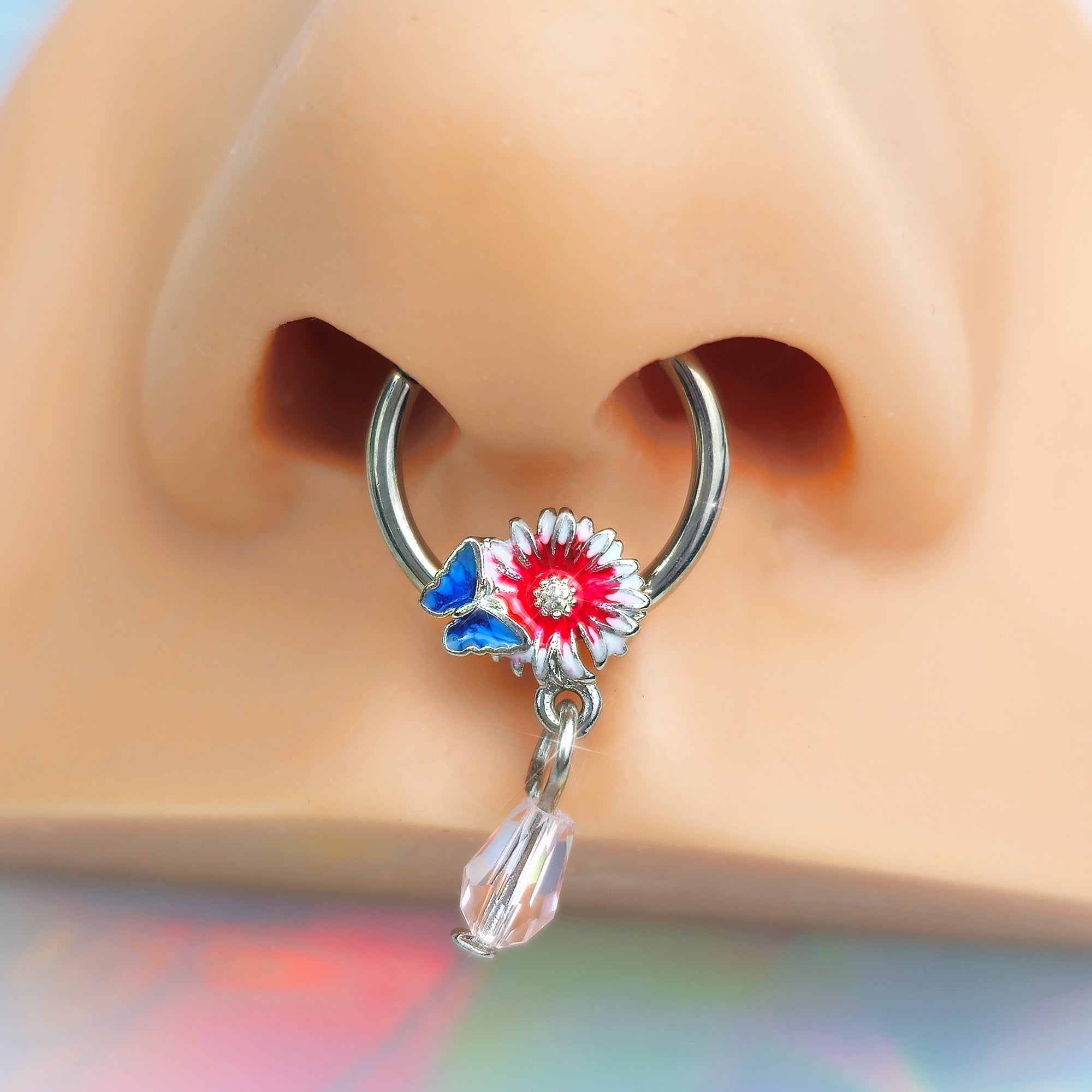 BodyCandy 16G 3/8 Clear Gem Passion Flower Butterfly Hinged Segment Ring — detail close-up