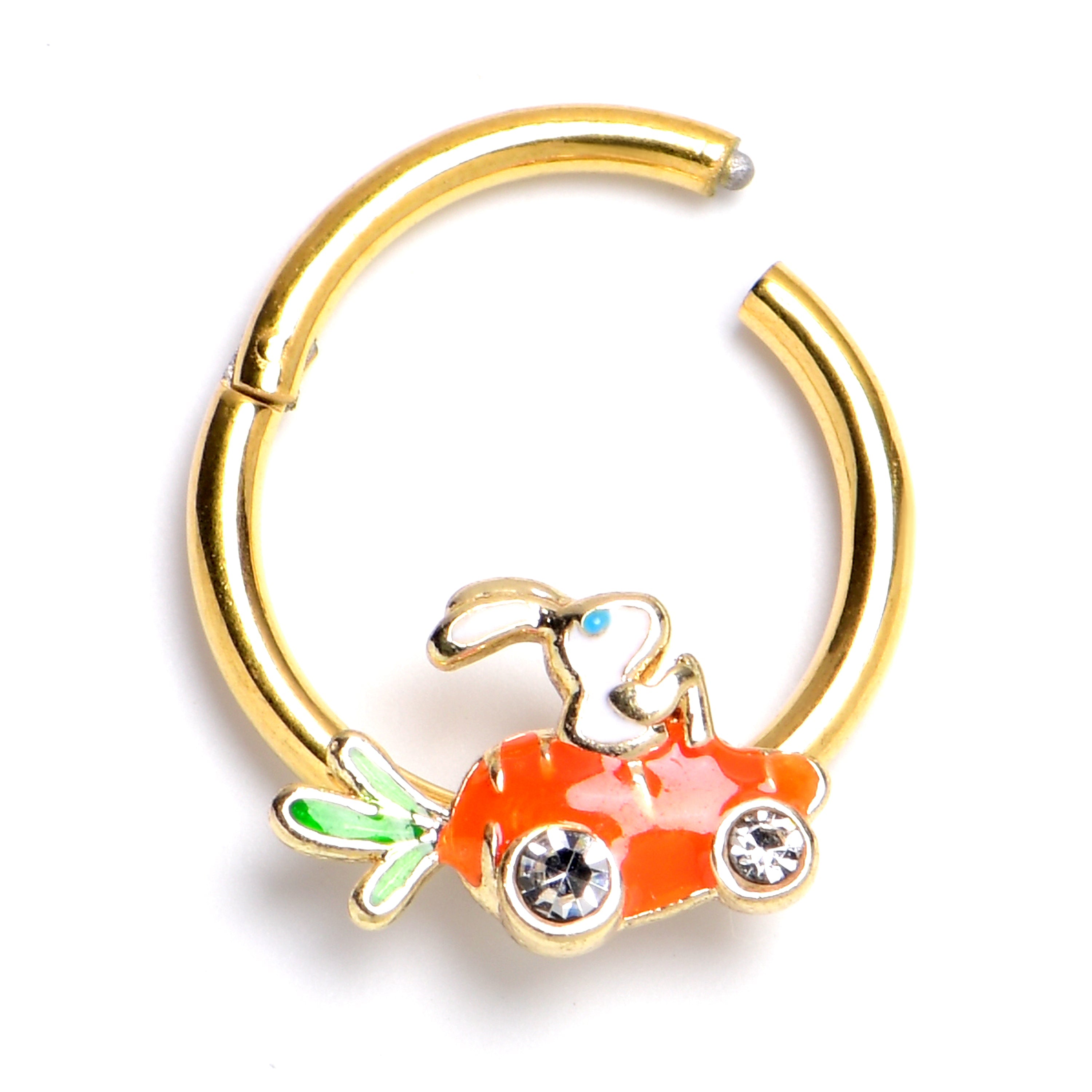 BodyCandy 16G 3/8 Clear Gem Gold Tone Rabbit Carrot Car Hinged Segment Ring — main product shot