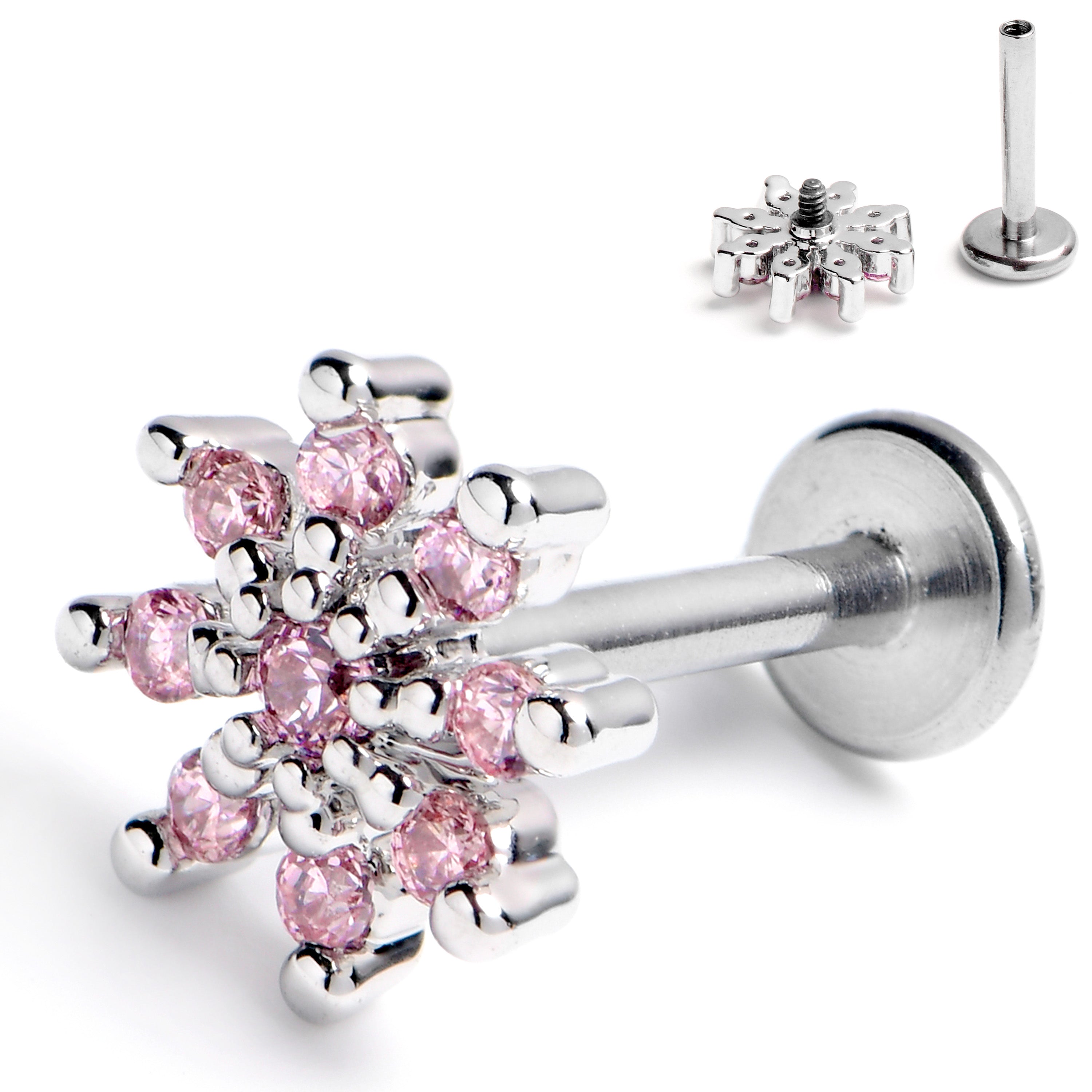 BodyCandy 16G 5/16 Pink CZ Gem Fab Floral Internally Threaded Labret Tragus — main product shot