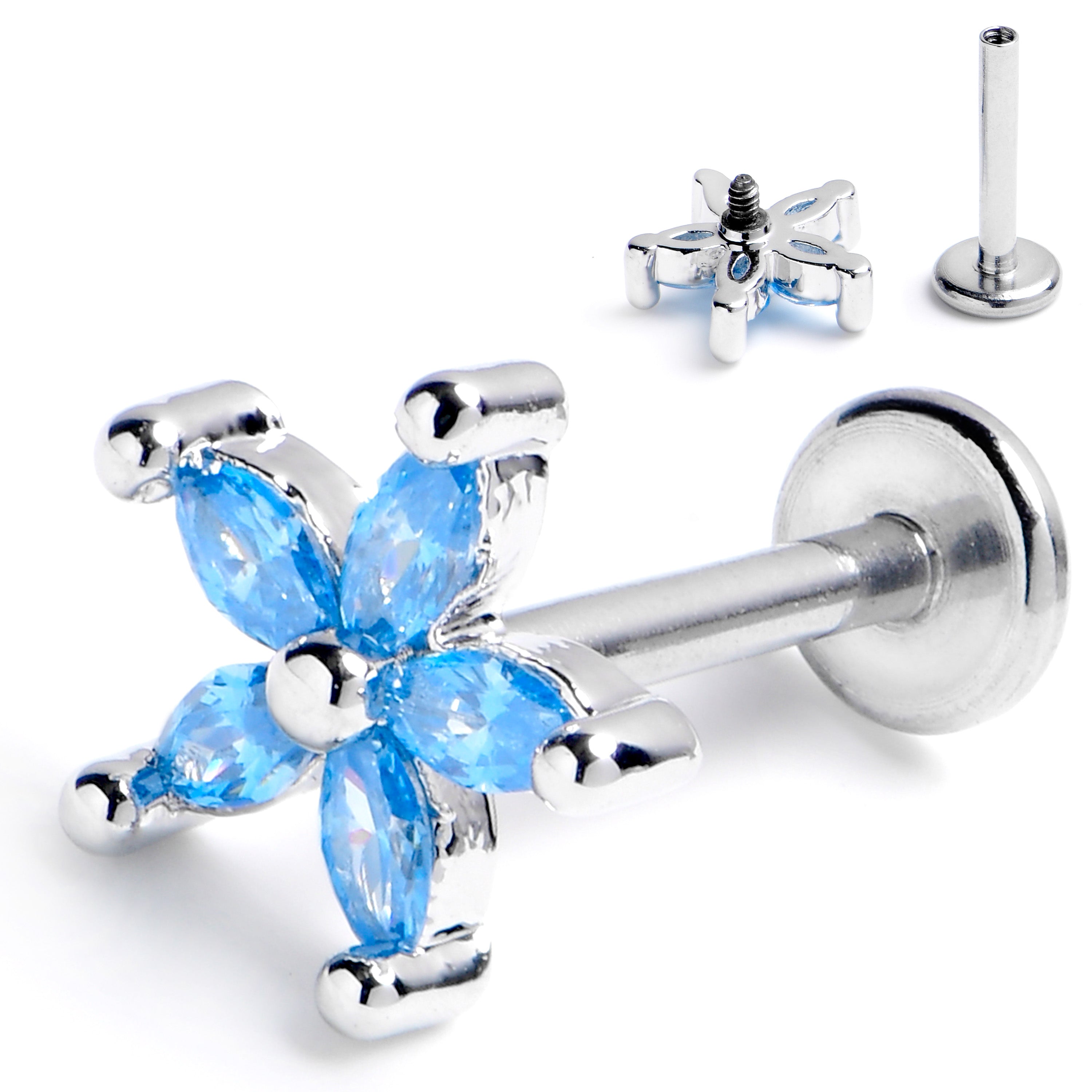BodyCandy 16G 5/16 Blue CZ Gem Flower Fantastic Internally Threaded Labret — main product shot