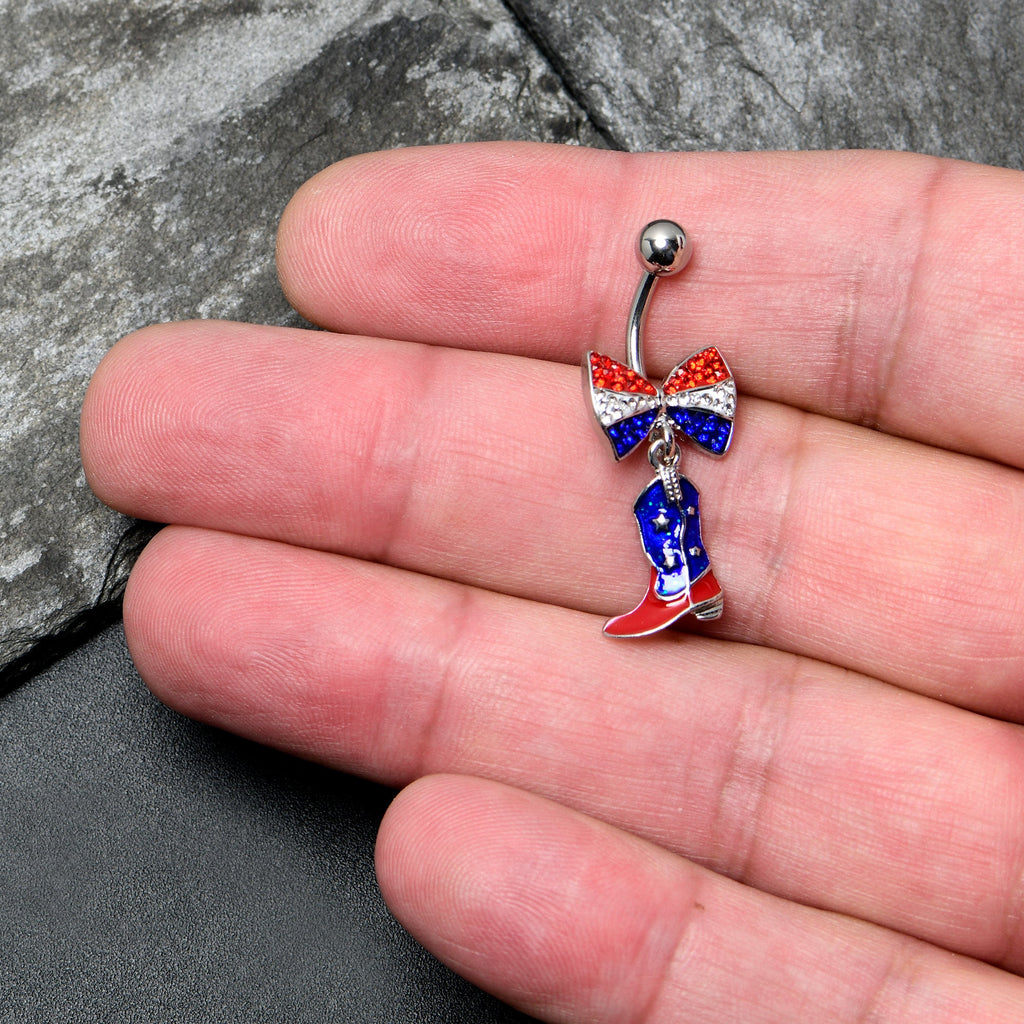 BodyCandy Red Blue Clear Gem Bow Cowboy Boot Patriotic Dangle Belly Ring — detail close-up