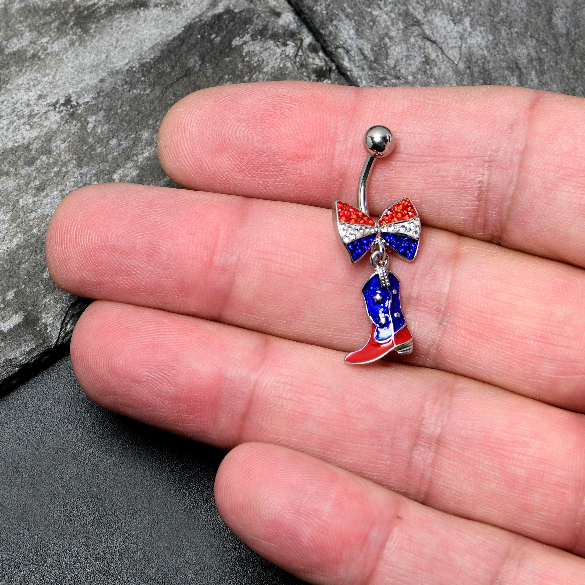 BodyCandy Red Blue Clear Gem Bow Cowboy Boot Patriotic Dangle Belly Ring — detail close-up