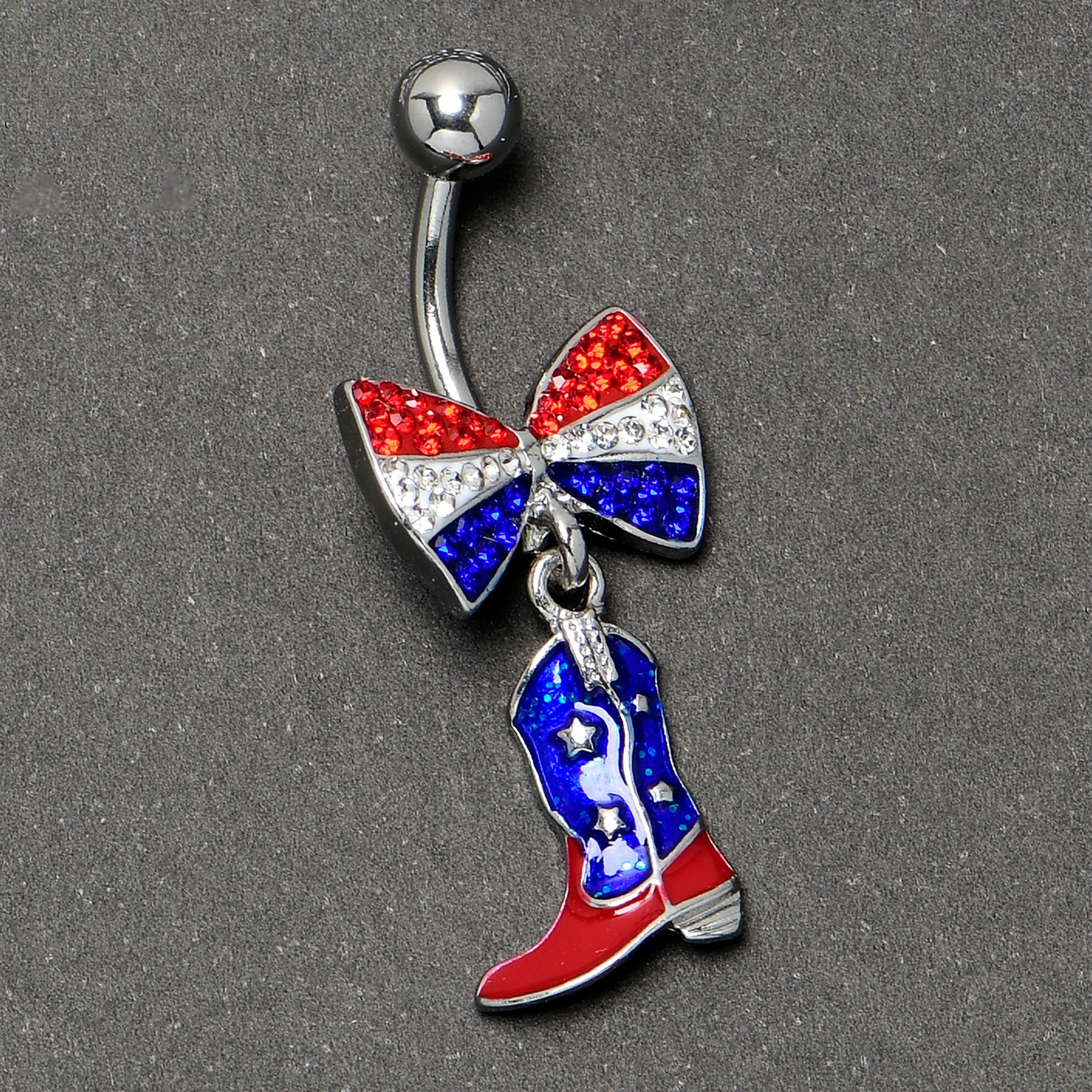 BodyCandy Red Blue Clear Gem Bow Cowboy Boot Patriotic Dangle Belly Ring — side view