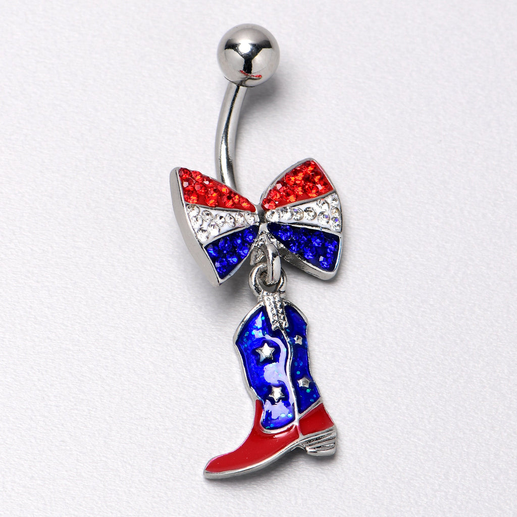 BodyCandy Red Blue Clear Gem Bow Cowboy Boot Patriotic Dangle Belly Ring — back view