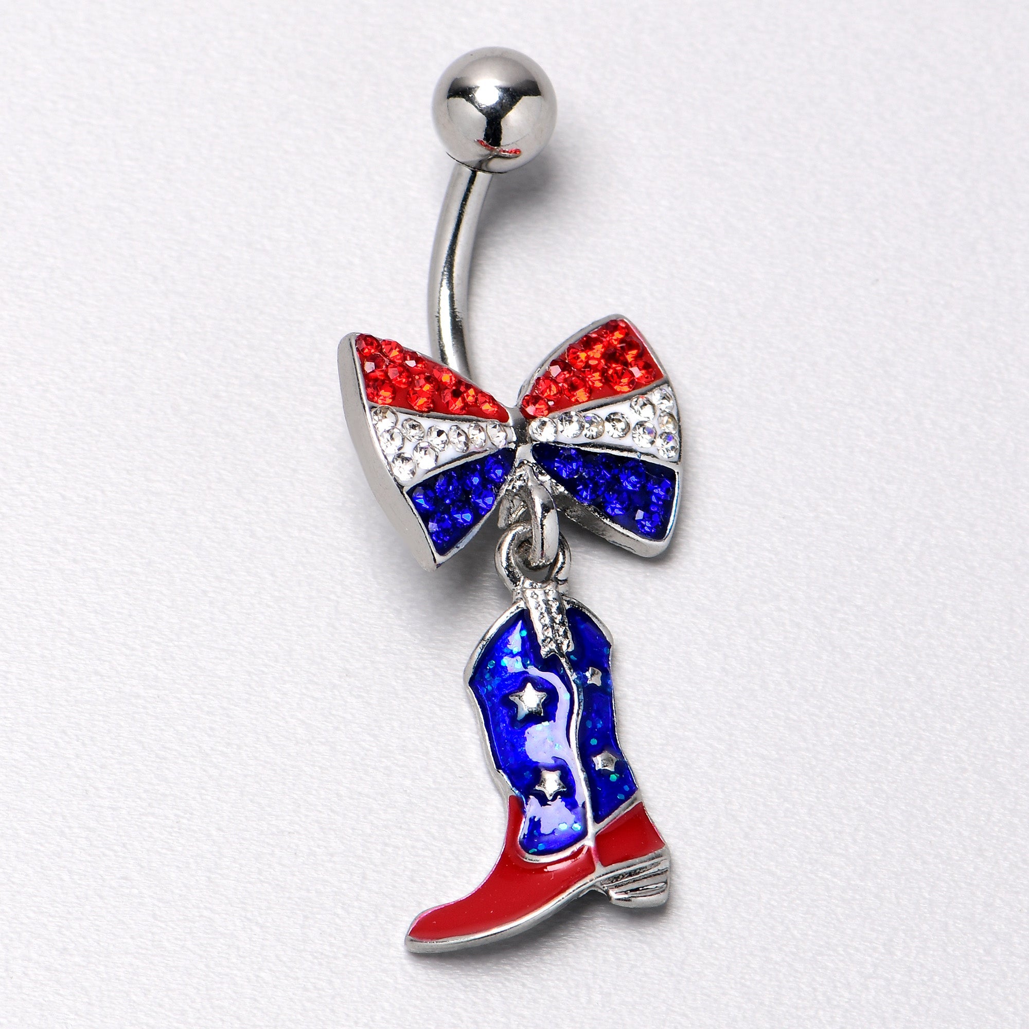 BodyCandy Red Blue Clear Gem Bow Cowboy Boot Patriotic Dangle Belly Ring — back view