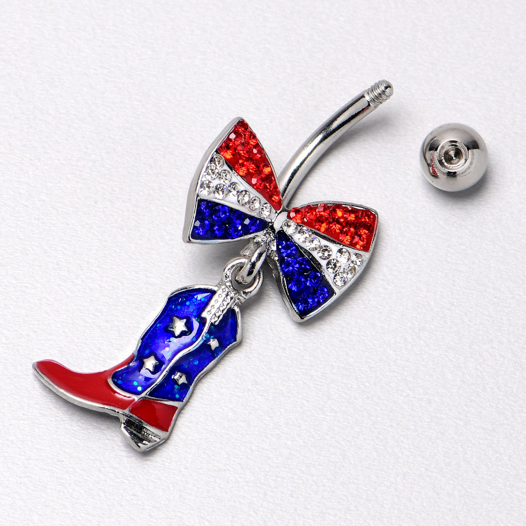 BodyCandy Red Blue Clear Gem Bow Cowboy Boot Patriotic Dangle Belly Ring — alternative angle