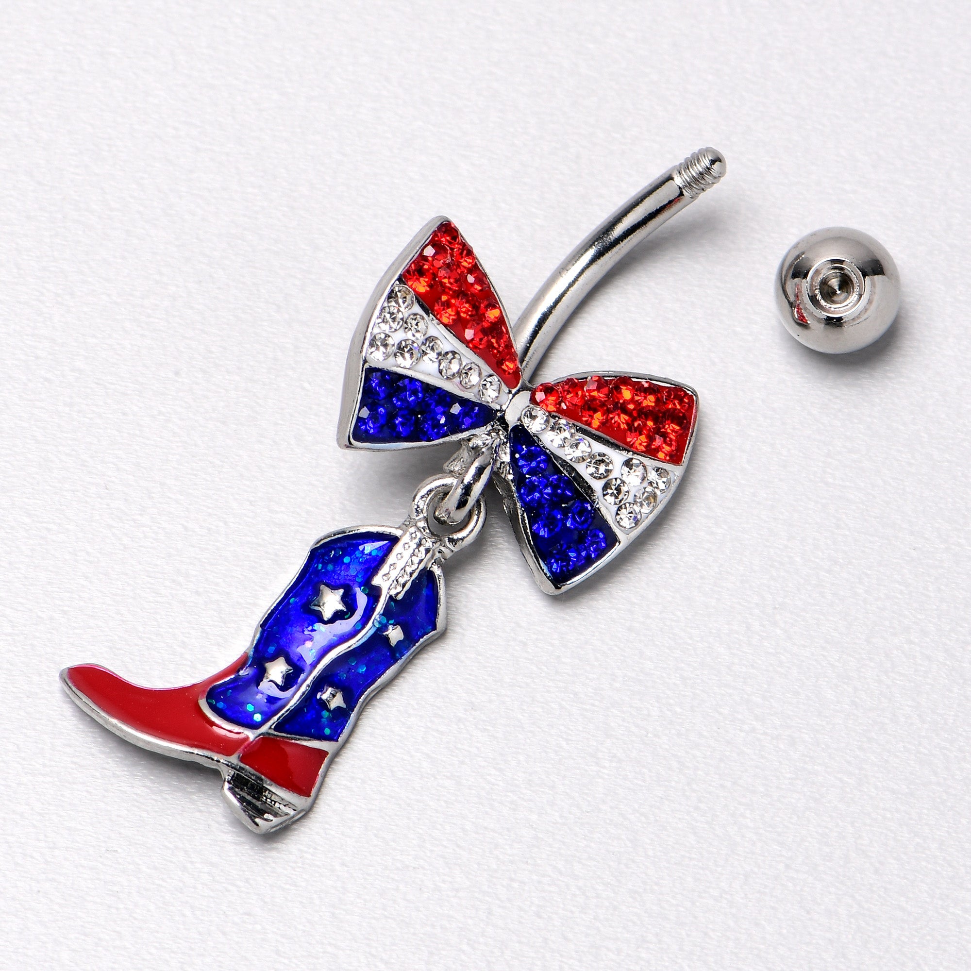 BodyCandy Red Blue Clear Gem Bow Cowboy Boot Patriotic Dangle Belly Ring — alternative angle