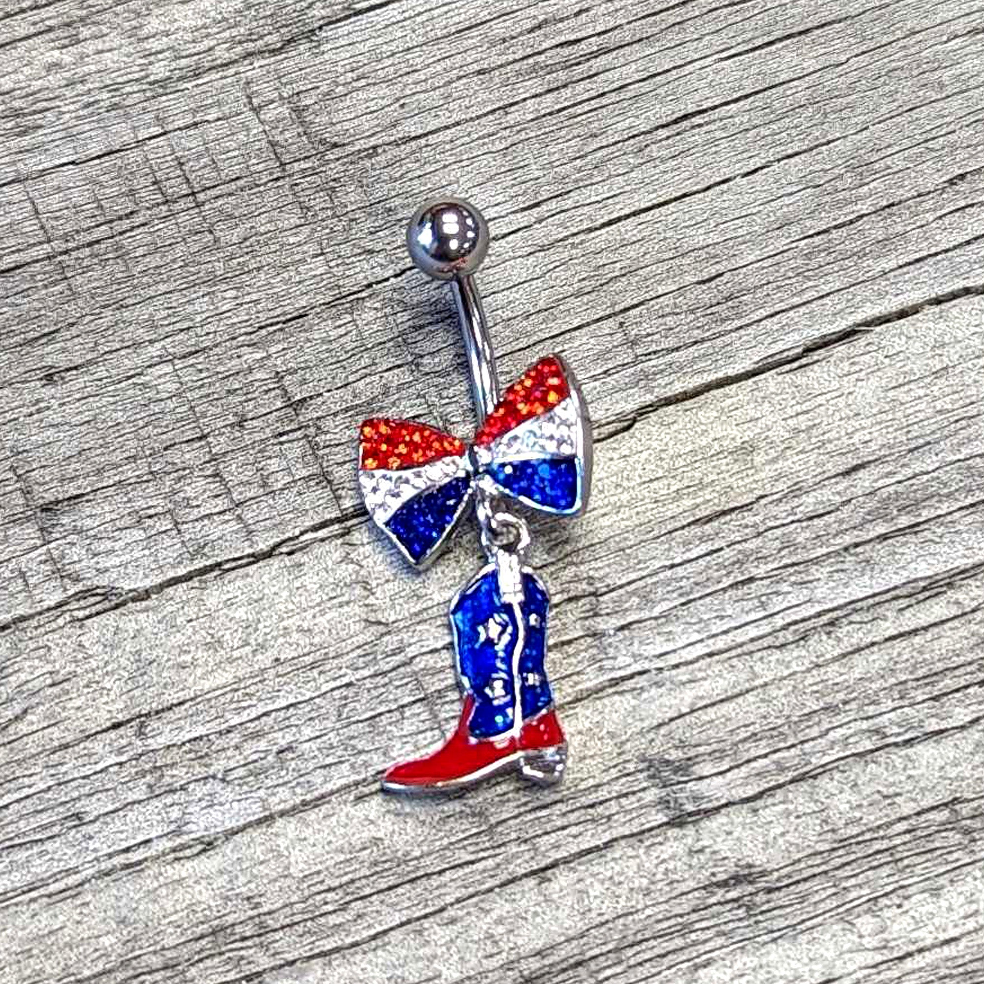 BodyCandy Red Blue Clear Gem Bow Cowboy Boot Patriotic Dangle Belly Ring — in-use photo