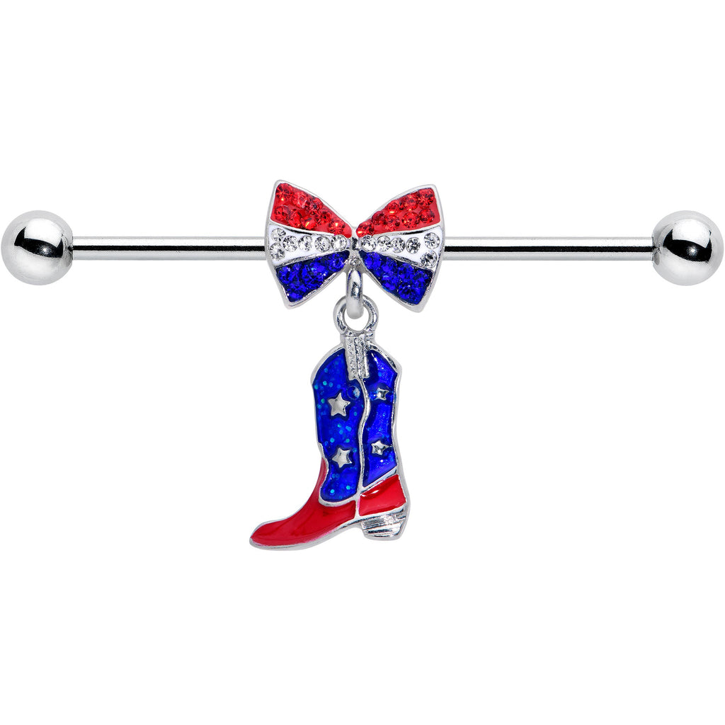 BodyCandy 14G Red Blue Gem Bow Cowboy Boot Patriotic Industrial Barbell 38mm — detail close-up