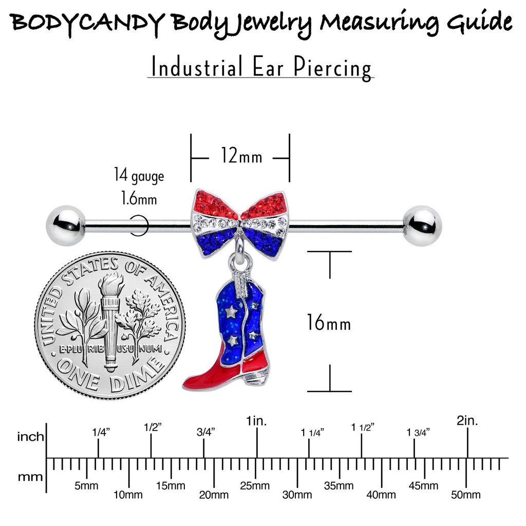 BodyCandy 14G Red Blue Gem Bow Cowboy Boot Patriotic Industrial Barbell 38mm — side view