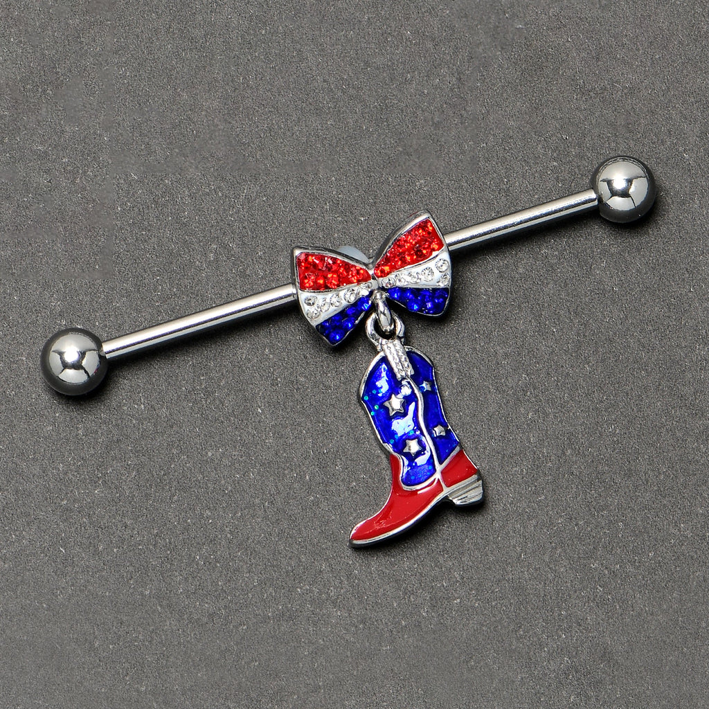 BodyCandy 14G Red Blue Gem Bow Cowboy Boot Patriotic Industrial Barbell 38mm — back view