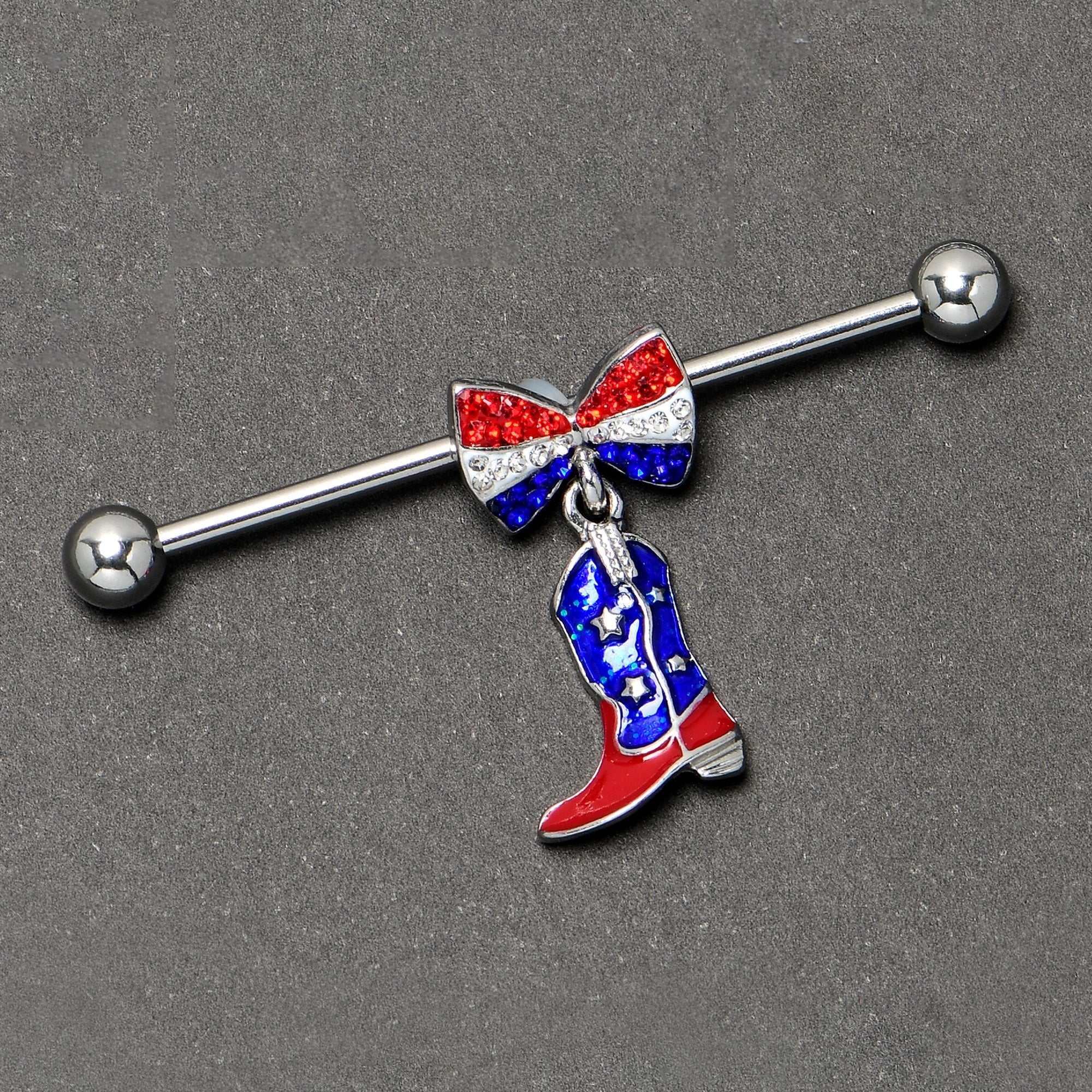 BodyCandy 14G Red Blue Gem Bow Cowboy Boot Patriotic Industrial Barbell 38mm — back view