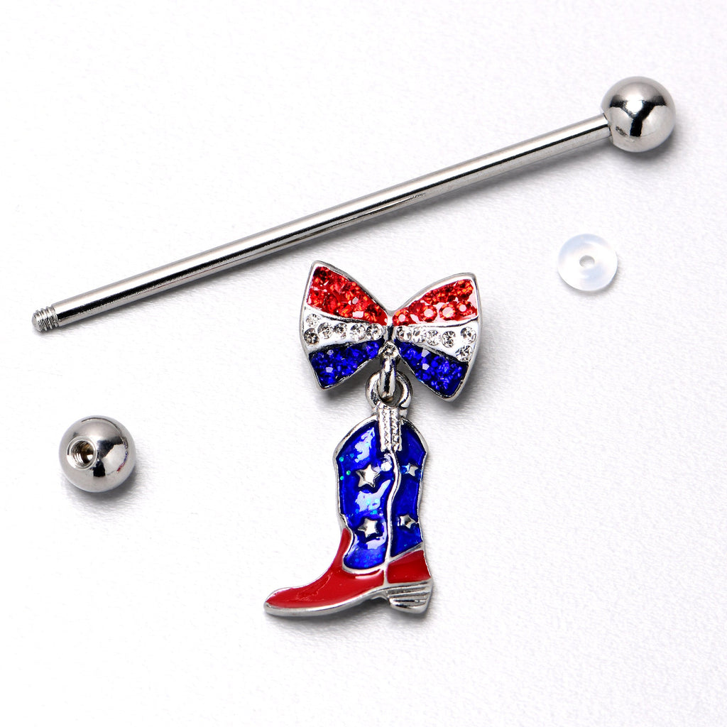 BodyCandy 14G Red Blue Gem Bow Cowboy Boot Patriotic Industrial Barbell 38mm — in-use photo