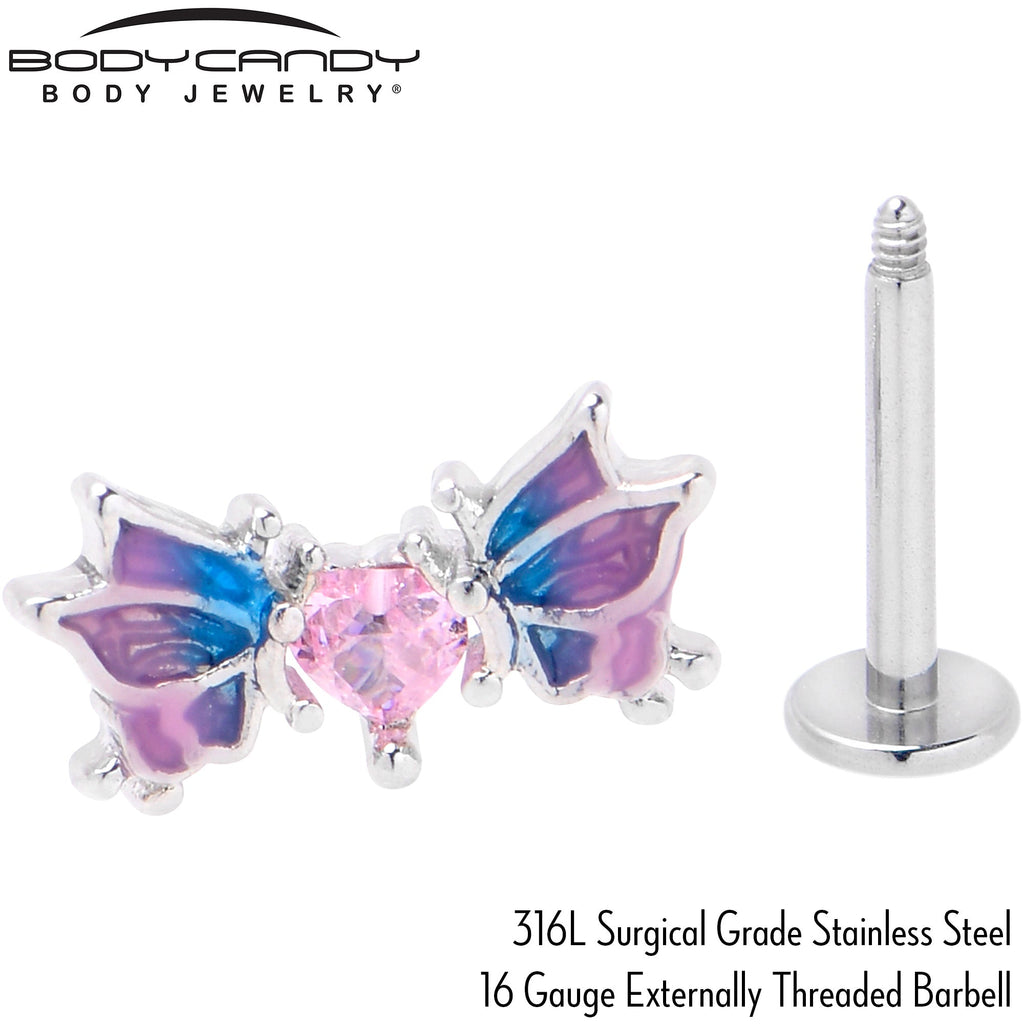 BodyCandy 16G 5/16 Pink CZ Gem Heart Butterfly Labret Monroe Tragus — side view