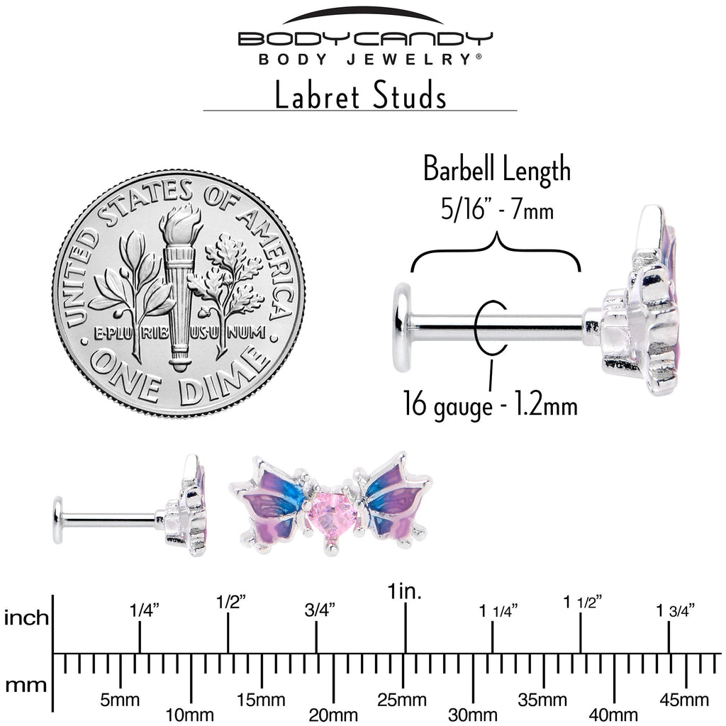 BodyCandy 16G 5/16 Pink CZ Gem Heart Butterfly Labret Monroe Tragus — back view