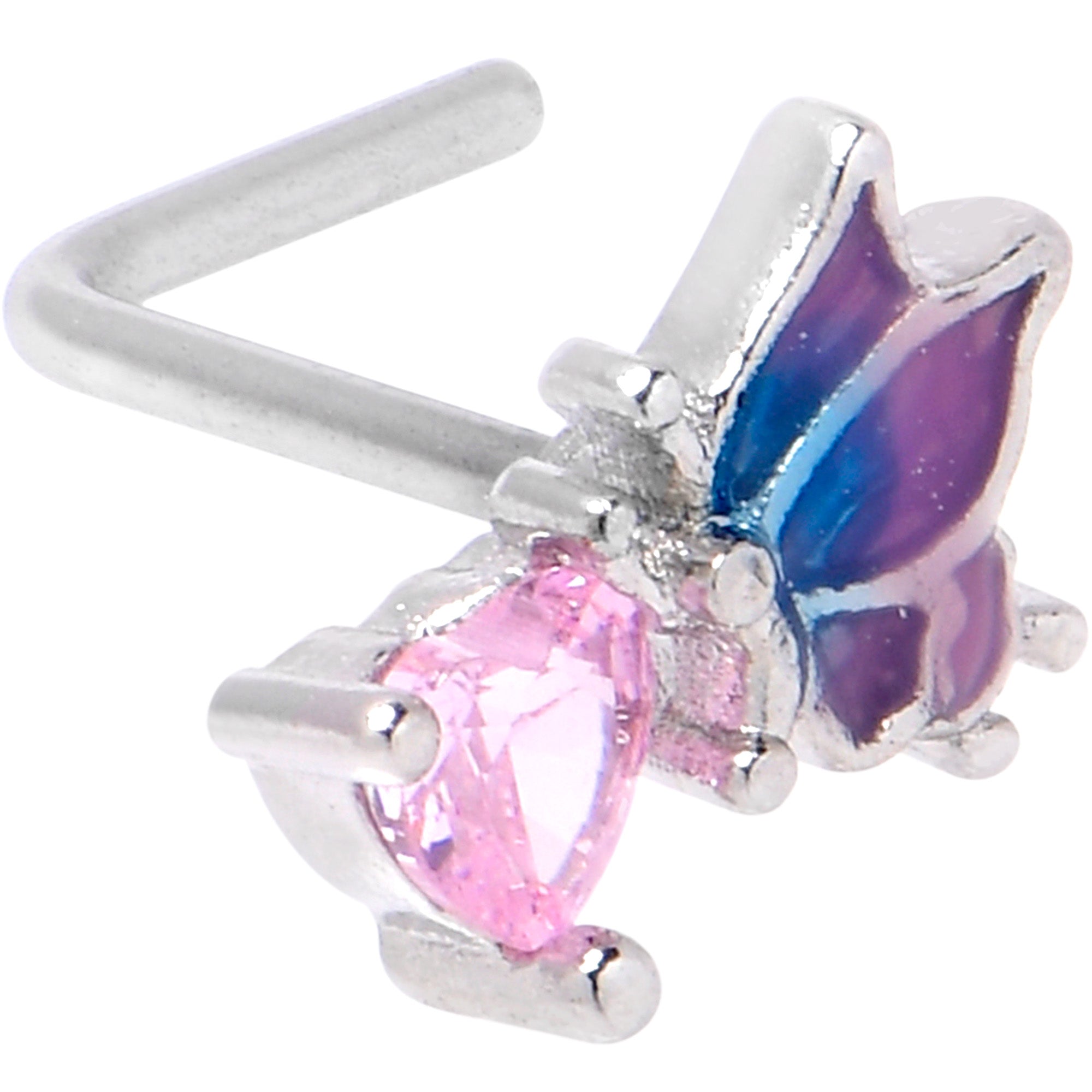 BodyCandy 20G 1/4 Pink CZ Gem Heart Butterfly L Shape Nose Ring — main product shot