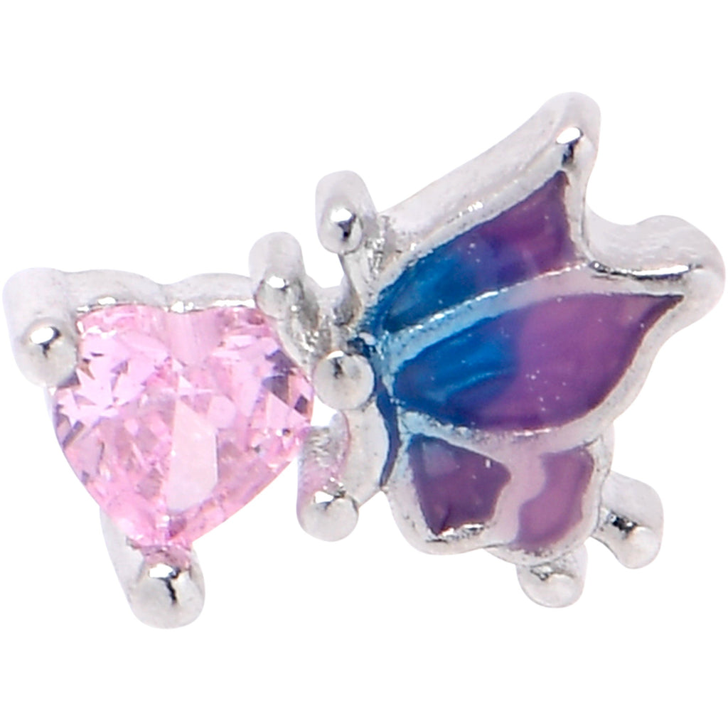 BodyCandy 20G 1/4 Pink CZ Gem Heart Butterfly L Shape Nose Ring — detail close-up