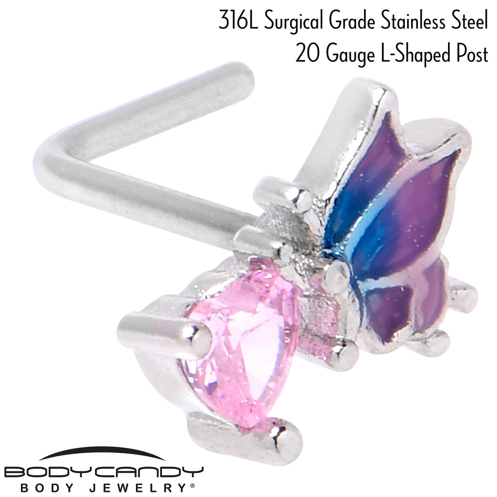 BodyCandy 20G 1/4 Pink CZ Gem Heart Butterfly L Shape Nose Ring — side view