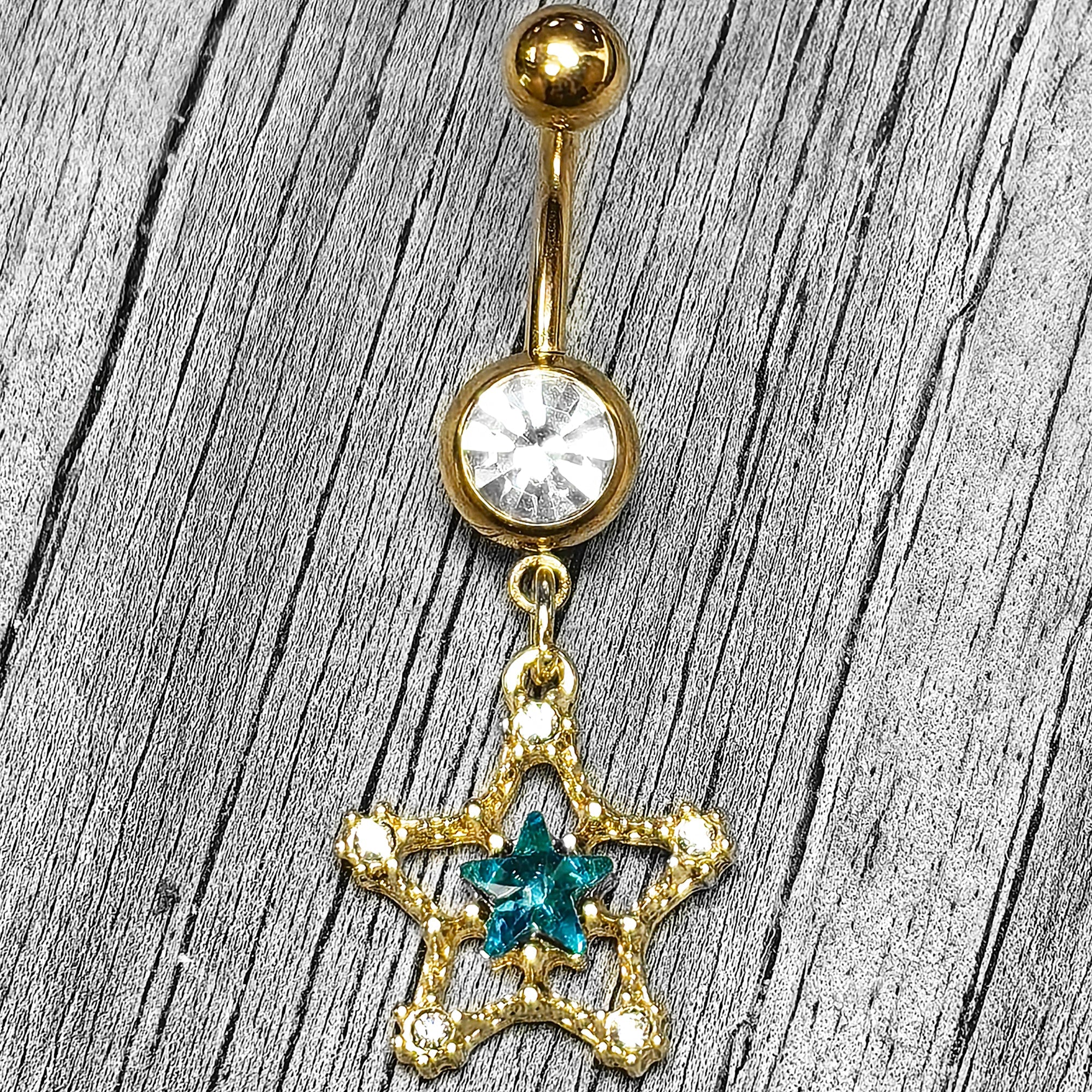 BodyCandy Clear Blue Gem Gold Tone Starry Glam Dangle Belly Ring — main product shot