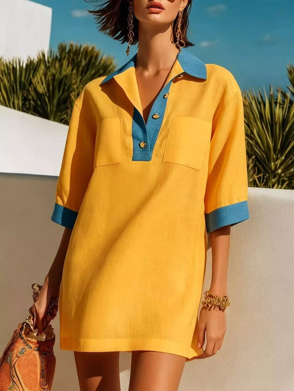 Contrast Trim Half Sleeve Dress