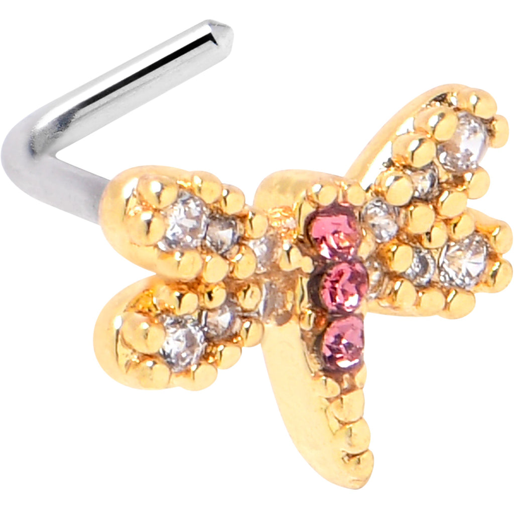 BodyCandy 20G 1/4 Pink Clear Gem Dragonfly Drama L Shape Nose Ring — main product shot