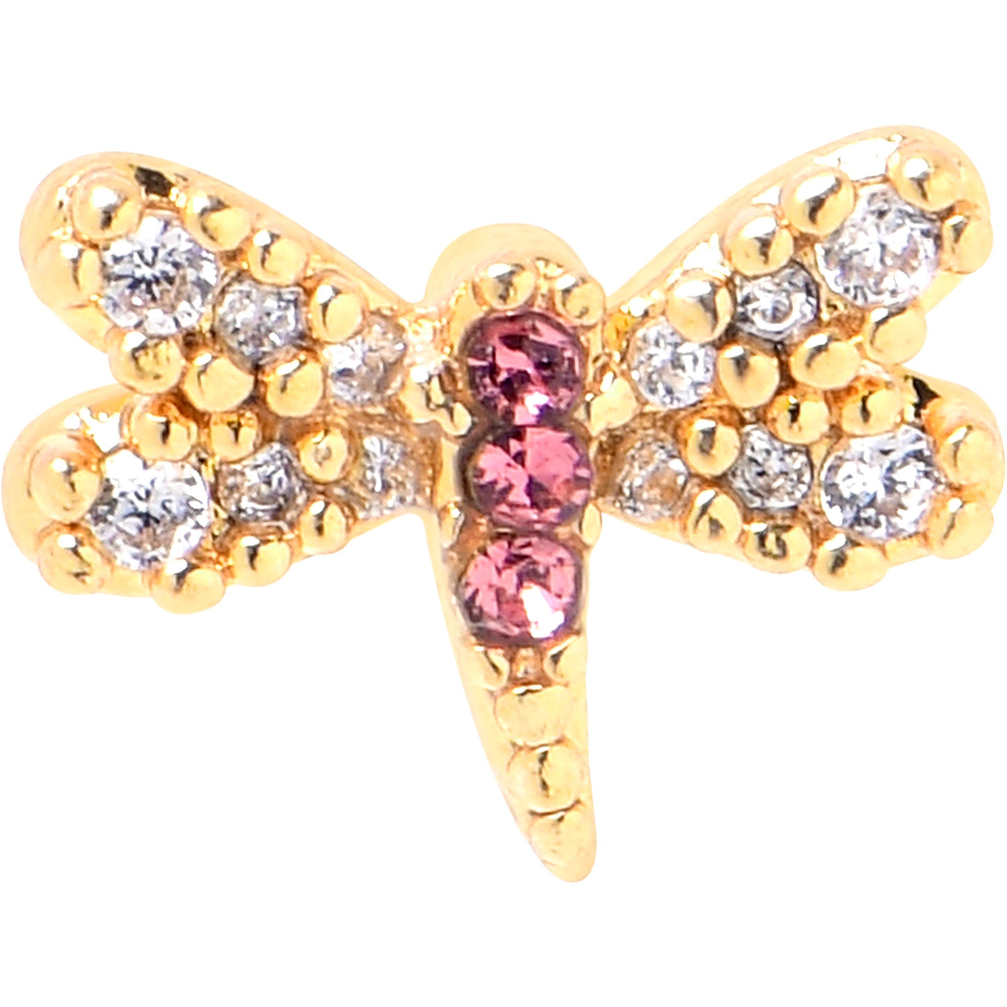 BodyCandy 20G 1/4 Pink Clear Gem Dragonfly Drama L Shape Nose Ring — detail close-up