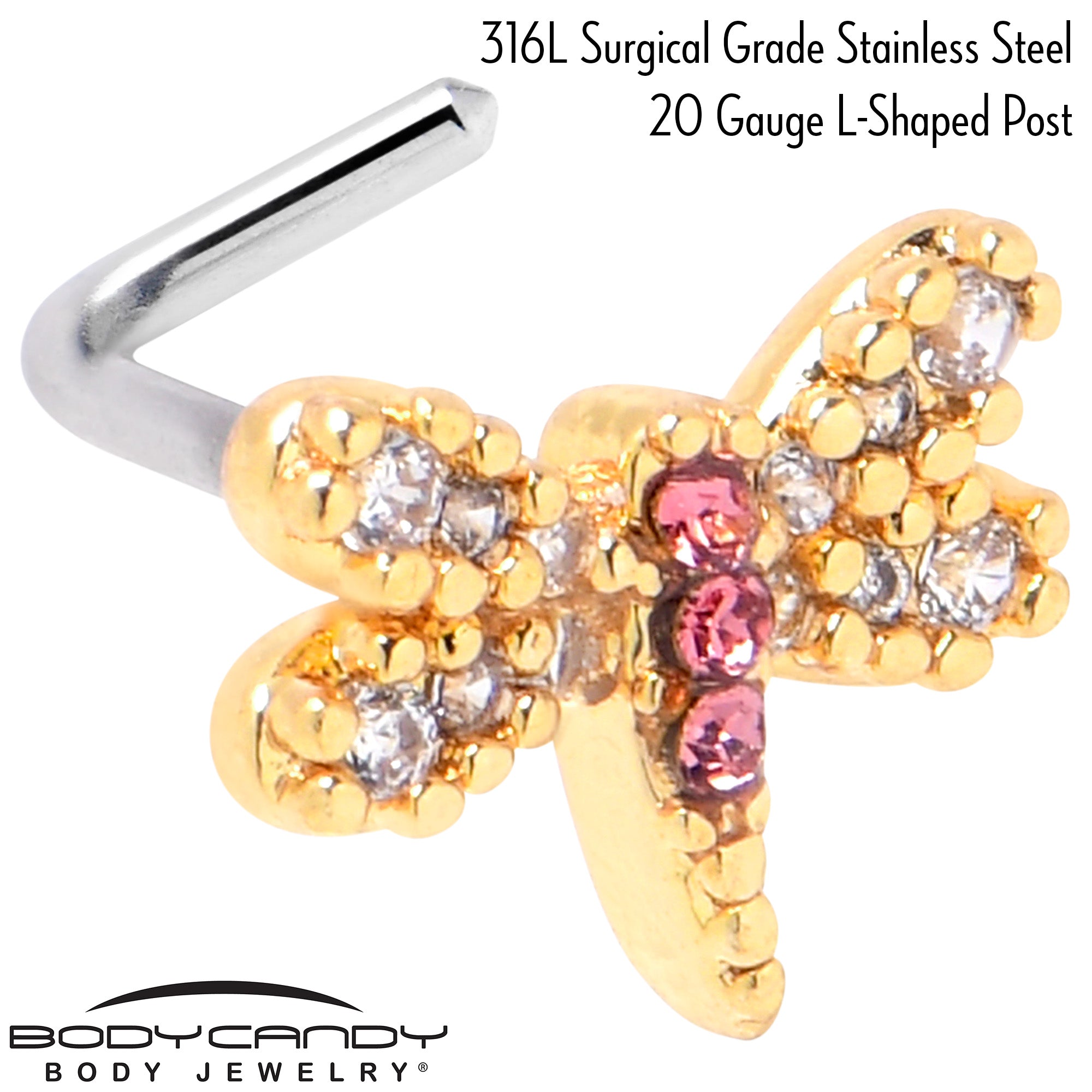 BodyCandy 20G 1/4 Pink Clear Gem Dragonfly Drama L Shape Nose Ring — side view