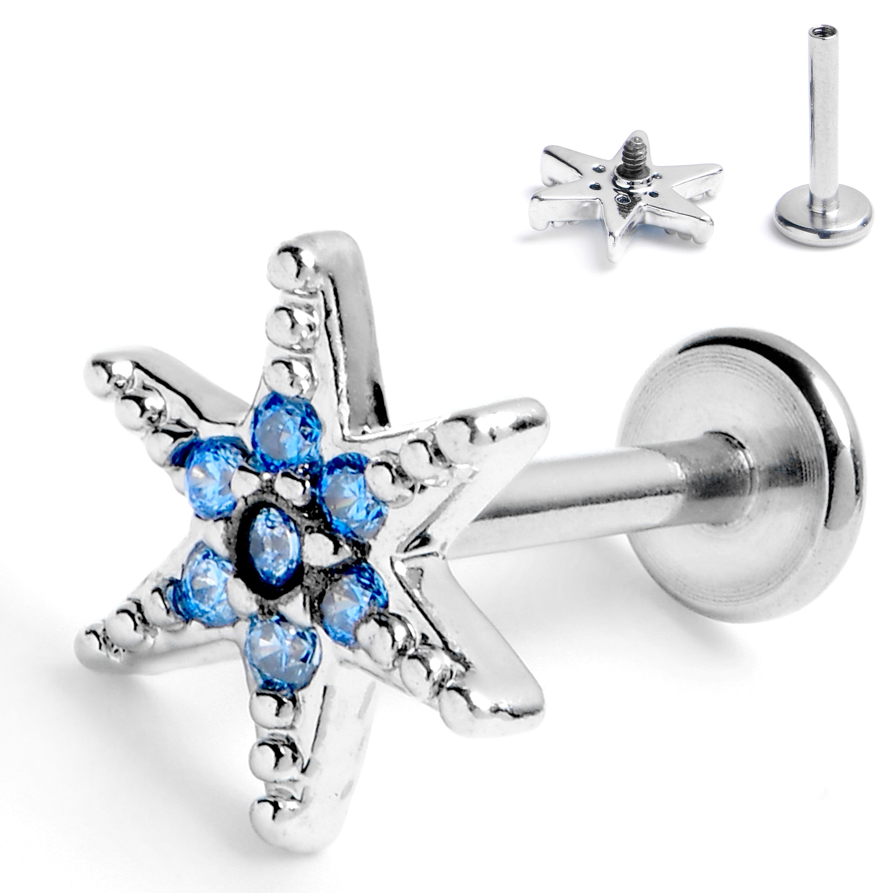 BodyCandy 16G 5/16 Blue CZ Gem Lavish Star Internally Threaded Labret Tragus — main product shot