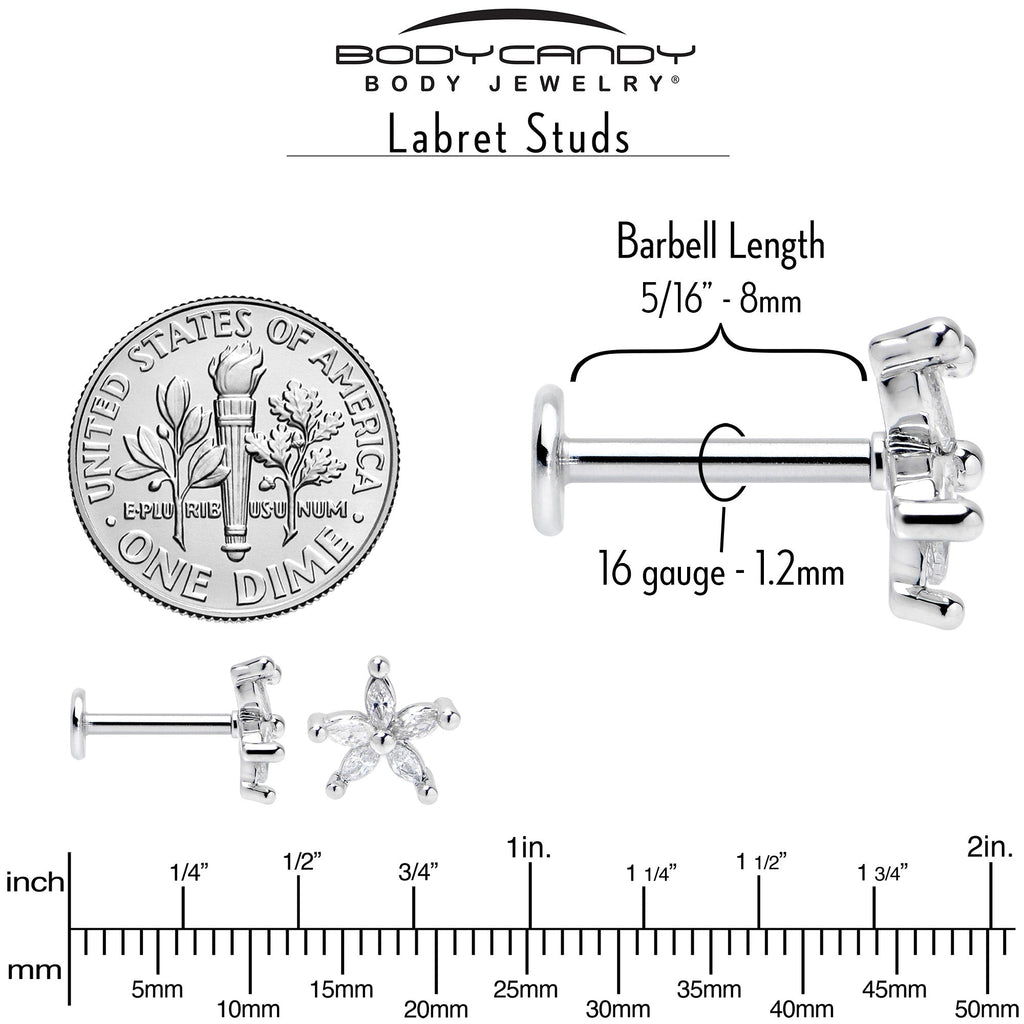 BodyCandy 16G 5/16 Clear CZ Gem Flower Fantastic Internally Threaded Labret — back view