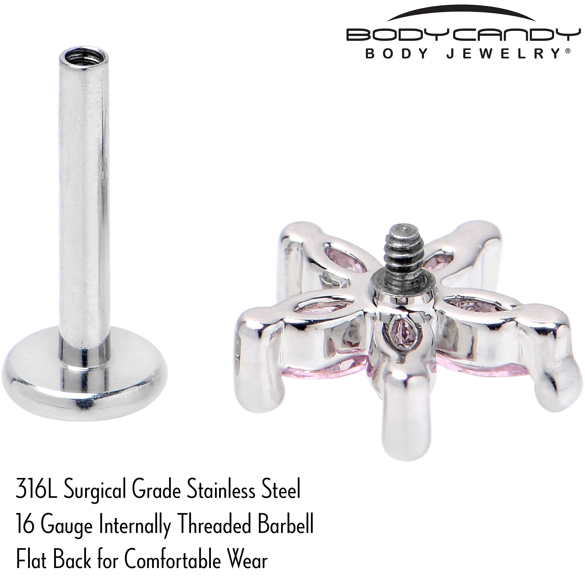 BodyCandy 16G 5/16 Pink CZ Gem Flower Fantastic Internally Threaded Labret — side view