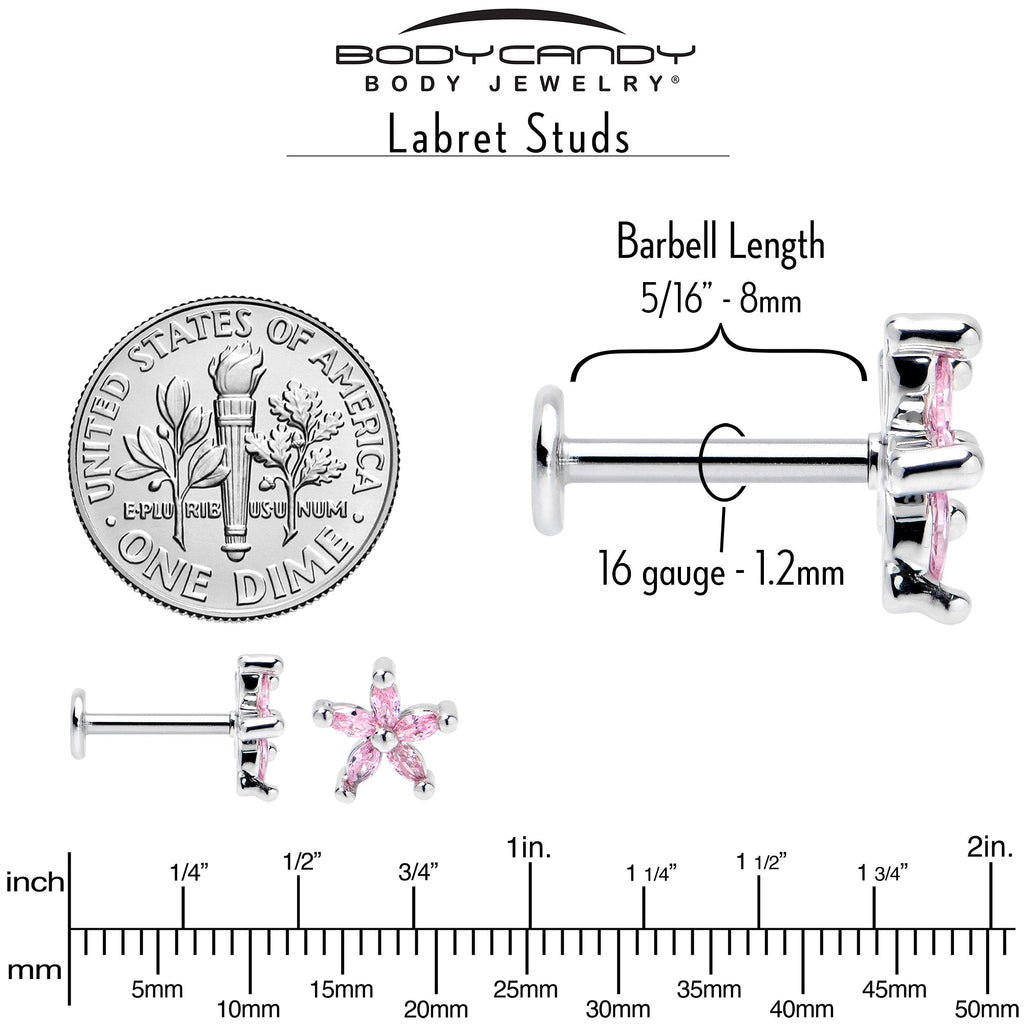 BodyCandy 16G 5/16 Pink CZ Gem Flower Fantastic Internally Threaded Labret — back view
