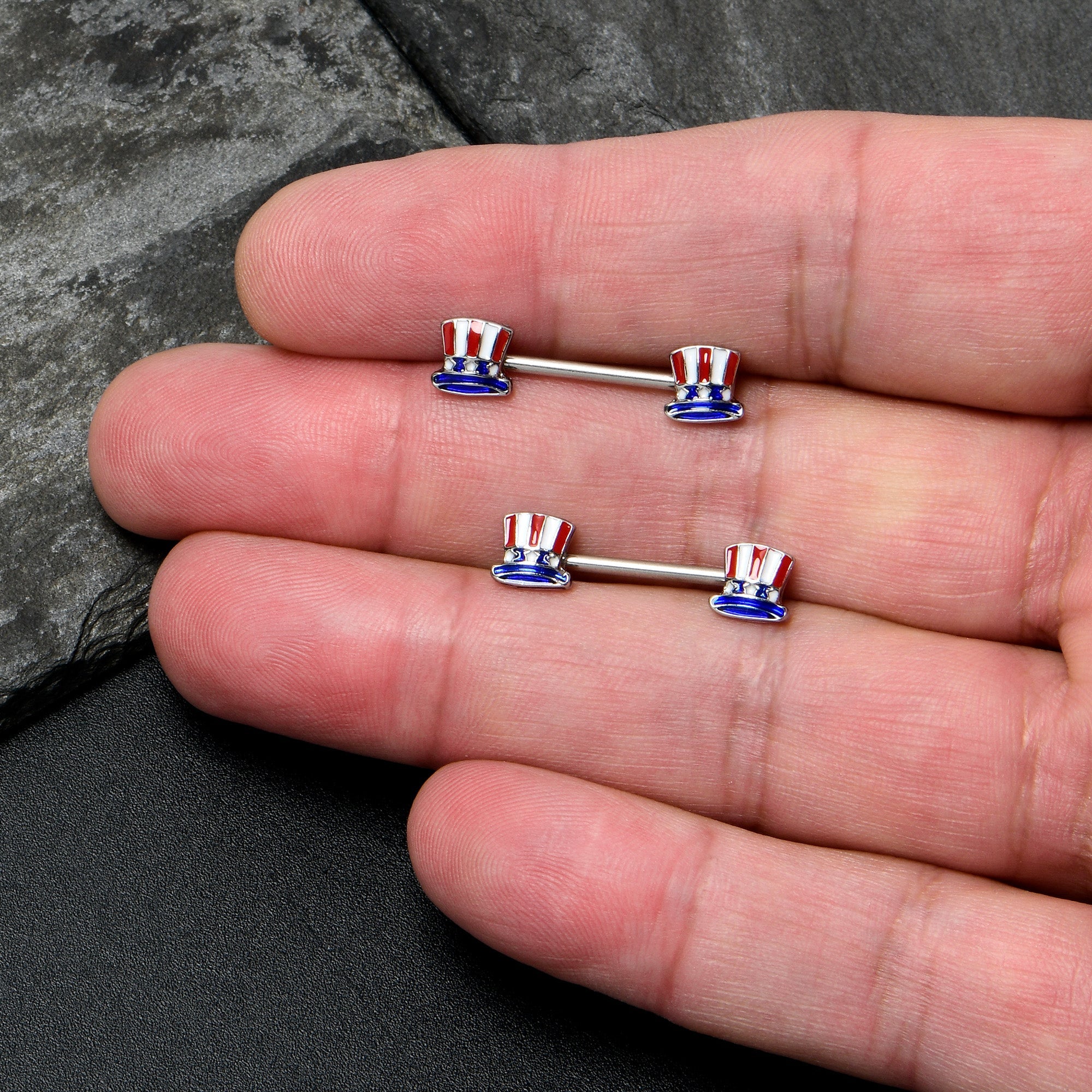 BodyCandy 14G 9/16 Patriotic Top Hat Barbell Nipple Ring Set — lifestyle context