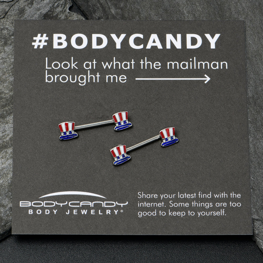 BodyCandy 14G 9/16 Patriotic Top Hat Barbell Nipple Ring Set — back view
