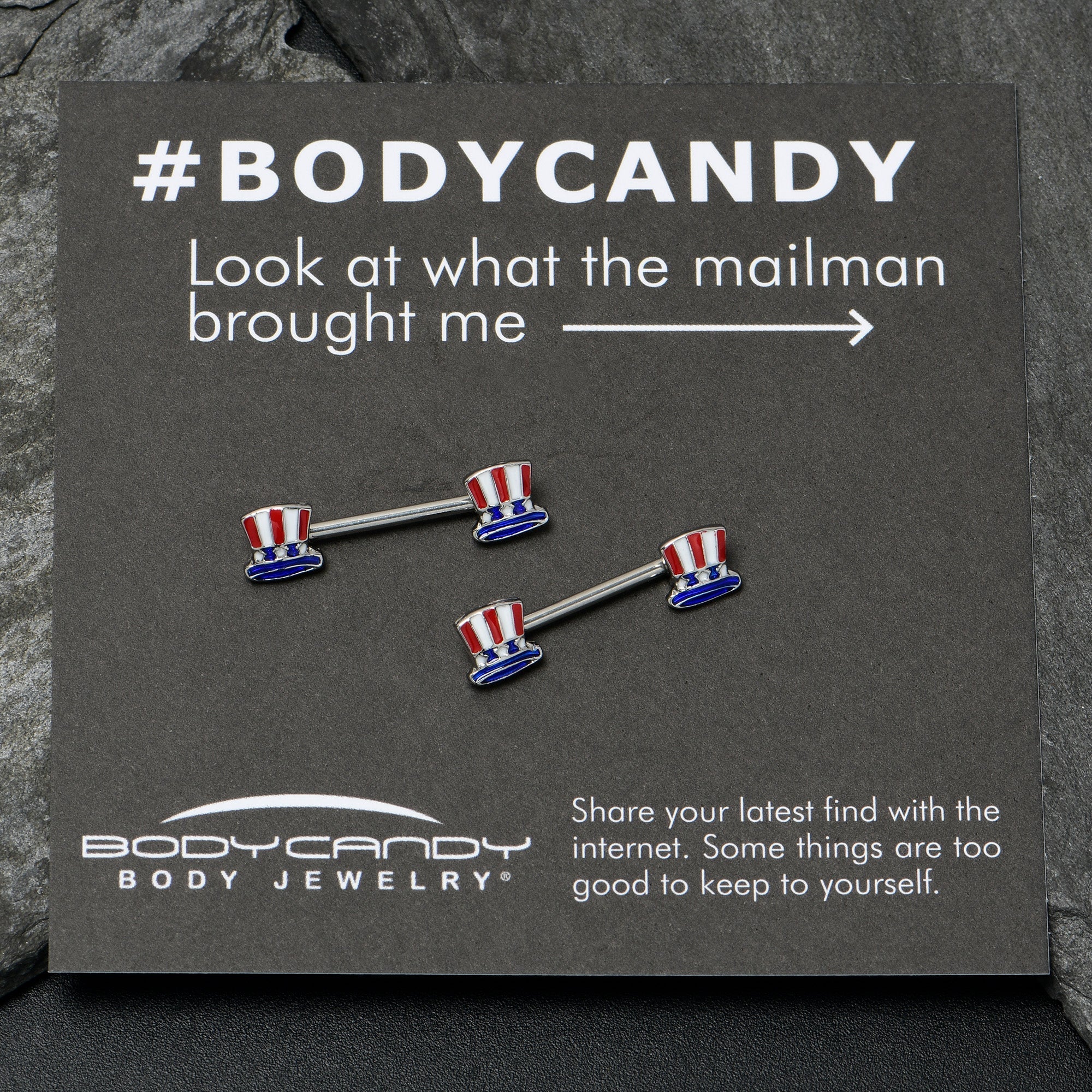 BodyCandy 14G 9/16 Patriotic Top Hat Barbell Nipple Ring Set — back view