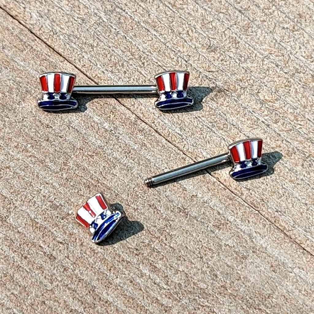 BodyCandy 14G 9/16 Patriotic Top Hat Barbell Nipple Ring Set — in-use photo