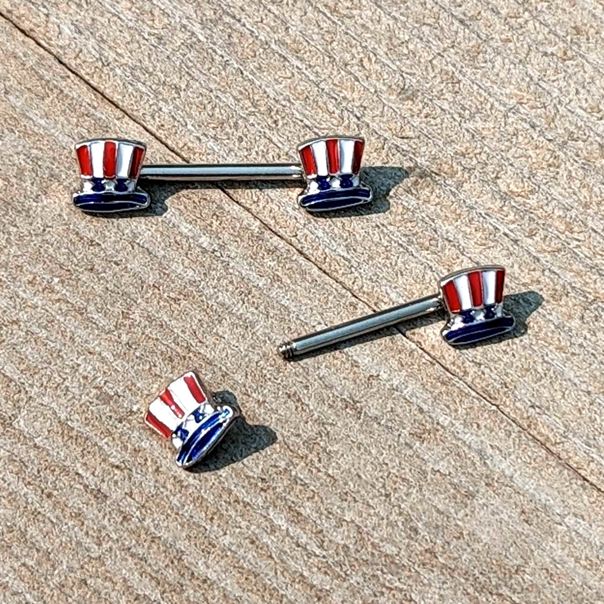 BodyCandy 14G 9/16 Patriotic Top Hat Barbell Nipple Ring Set — in-use photo