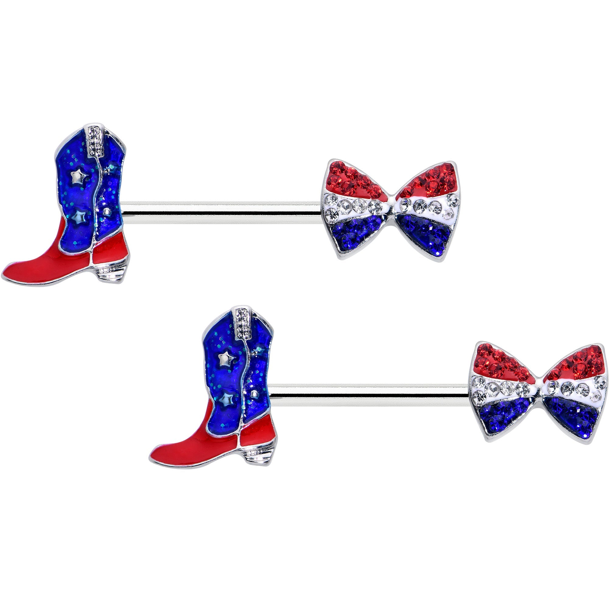 BodyCandy 14G 9/16 Red Blue Gem Bow Cowboy Boot Patriotic Nipple Ring Set — main product shot