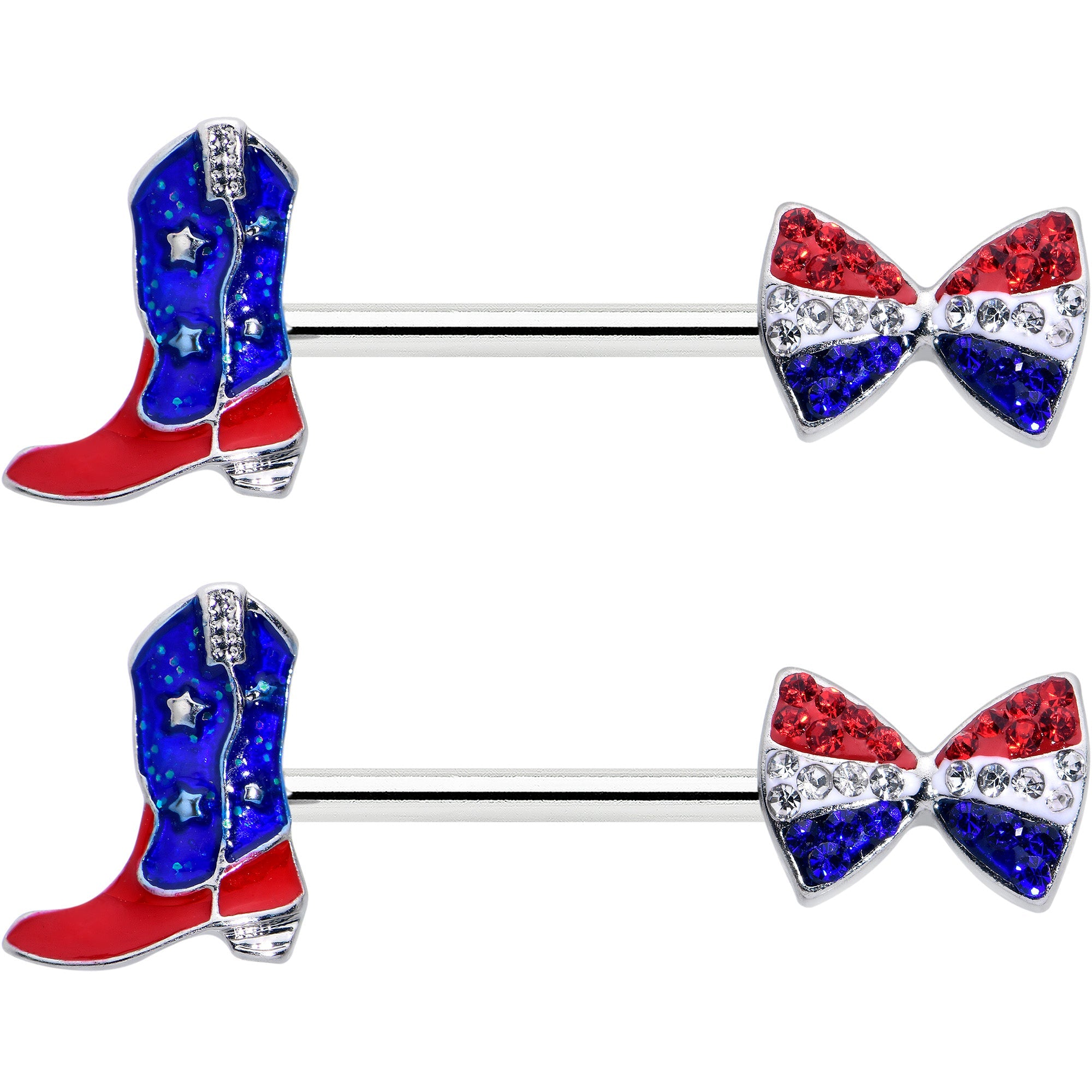 BodyCandy 14G 9/16 Red Blue Gem Bow Cowboy Boot Patriotic Nipple Ring Set — detail close-up