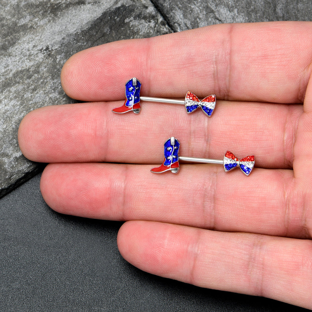 BodyCandy 14G 9/16 Red Blue Gem Bow Cowboy Boot Patriotic Nipple Ring Set — lifestyle context