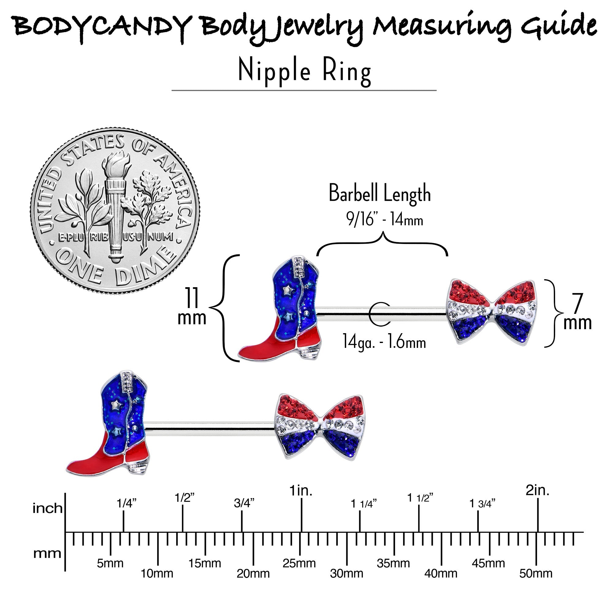 BodyCandy 14G 9/16 Red Blue Gem Bow Cowboy Boot Patriotic Nipple Ring Set — side view