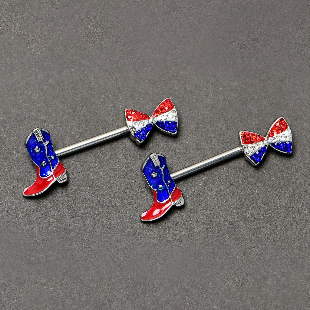 BodyCandy 14G 9/16 Red Blue Gem Bow Cowboy Boot Patriotic Nipple Ring Set — back view