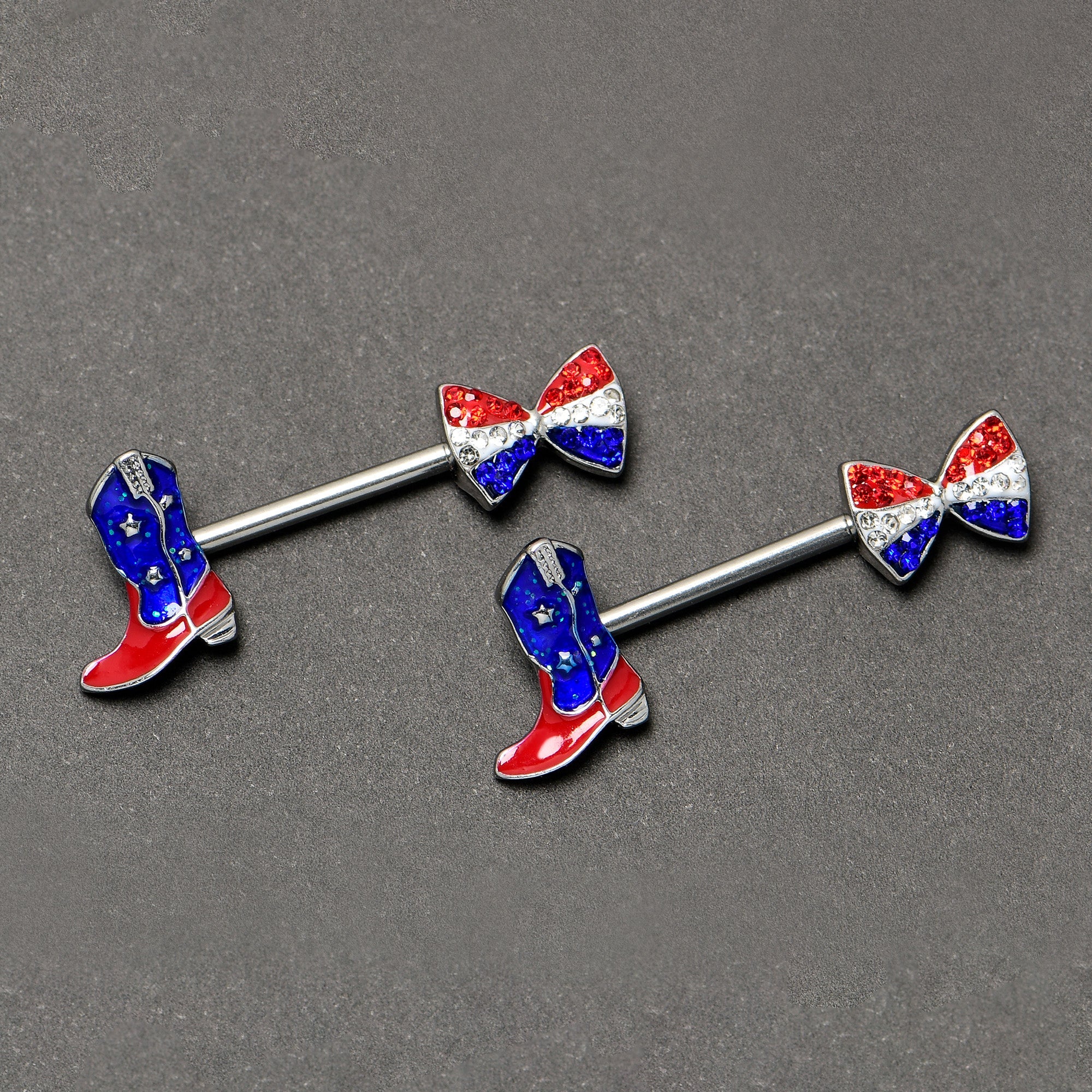 BodyCandy 14G 9/16 Red Blue Gem Bow Cowboy Boot Patriotic Nipple Ring Set — back view