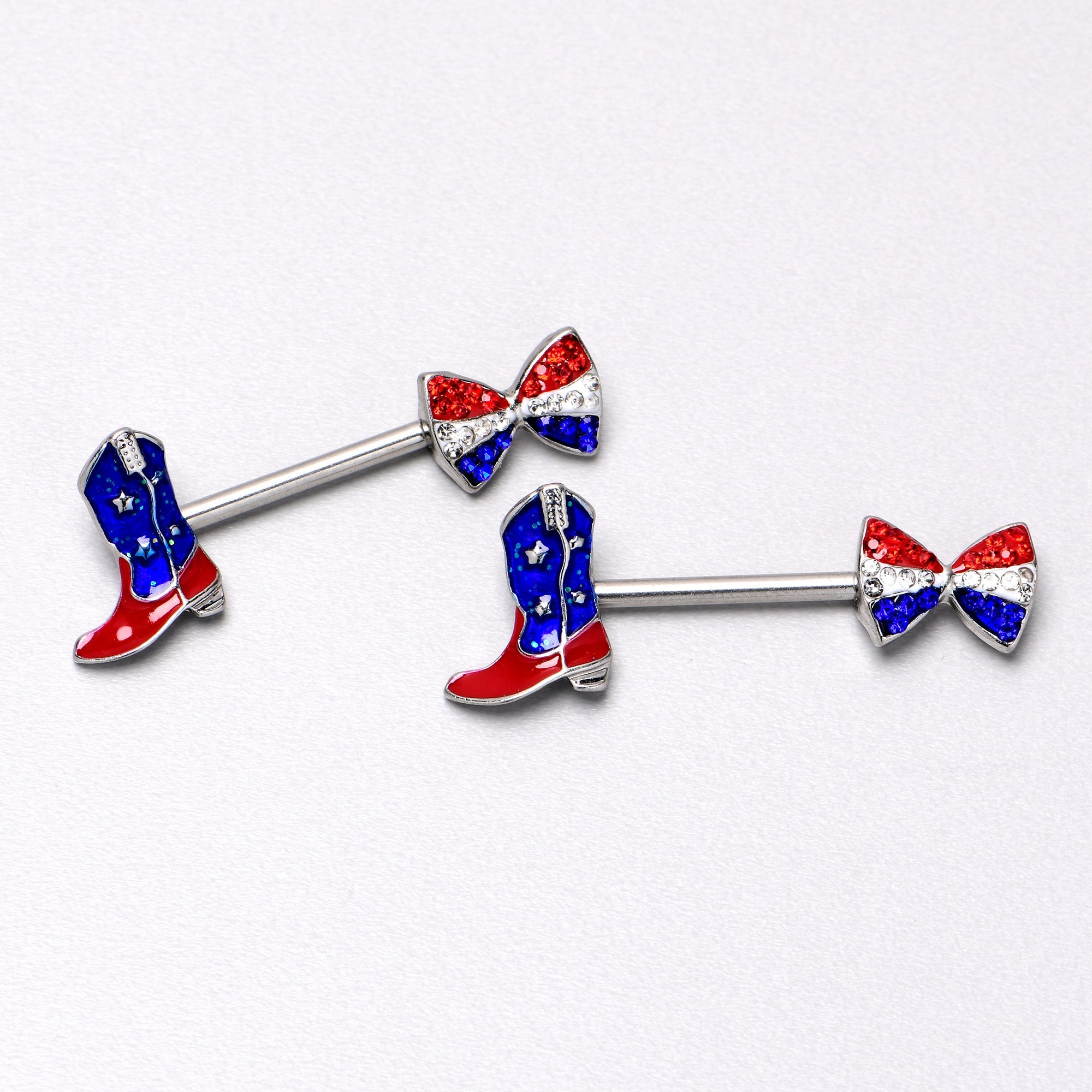 BodyCandy 14G 9/16 Red Blue Gem Bow Cowboy Boot Patriotic Nipple Ring Set — alternative angle